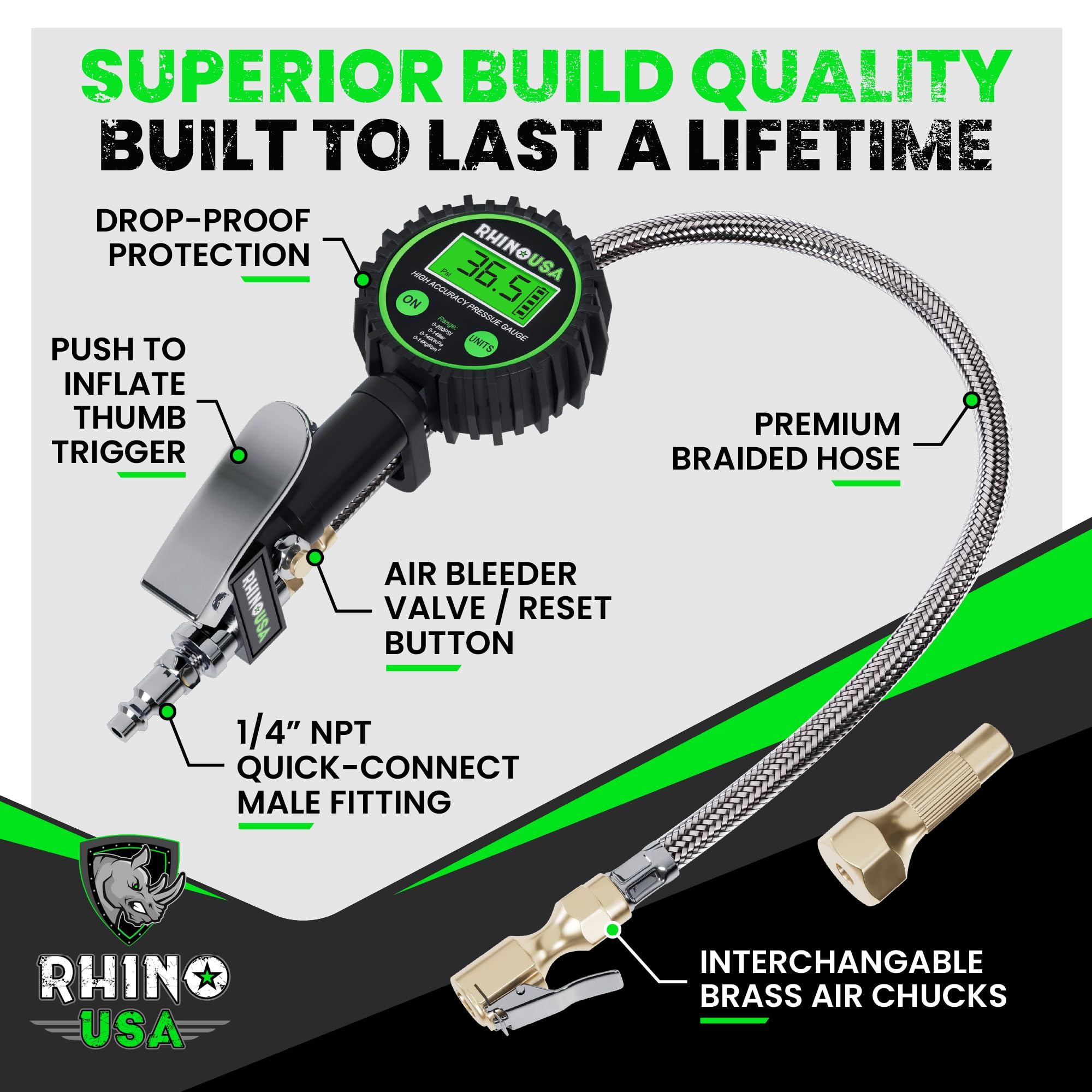 Rhino USA Digital Tire Inflator with Pressure Gauge (0-200 PSI) - ANSI B40.7 Accurate, Large 2'' Easy Read Glow Dial, Premium Br