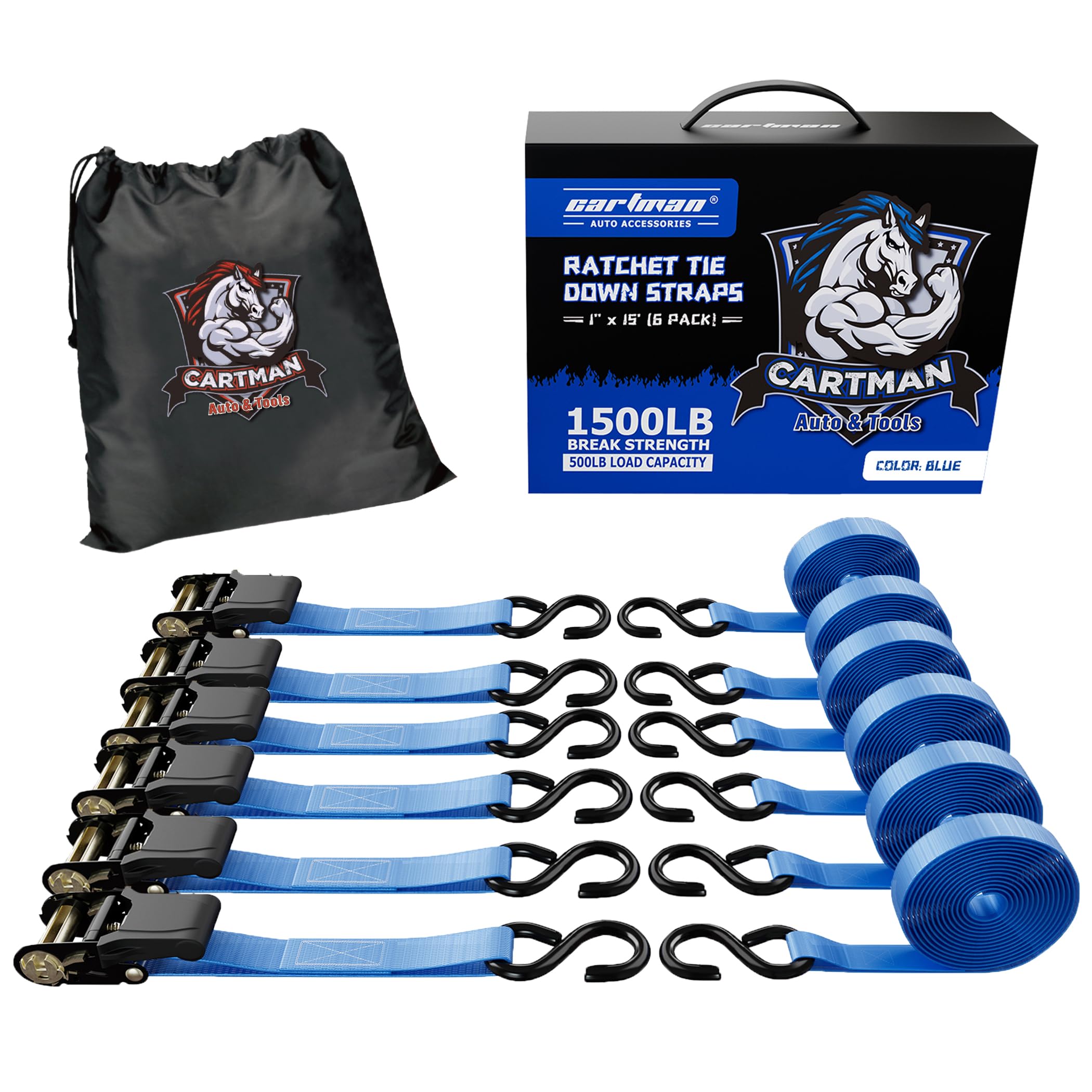 Cartman 1' X 15' Ratchet Tie Down Up To 1500Lbs 6Pk In Carry Bag, Cargo Straps