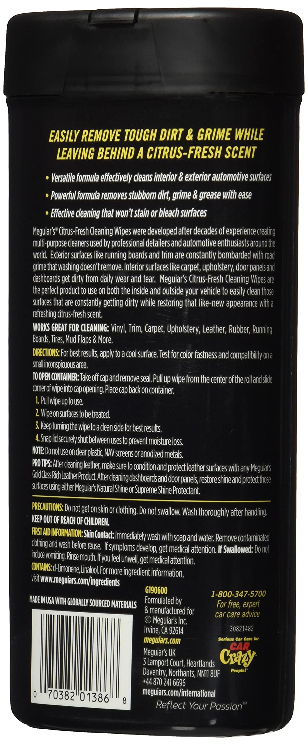 Meguiar's Citrus-Fresh Cleaning Wipes - Multi-Surface Wipes Removes Dirt, Grease, and Grime on a Variety of Surfaces Inside and Out - Citrus Scented Wipes that Make for Convenient Cleaning, 30 Wipes