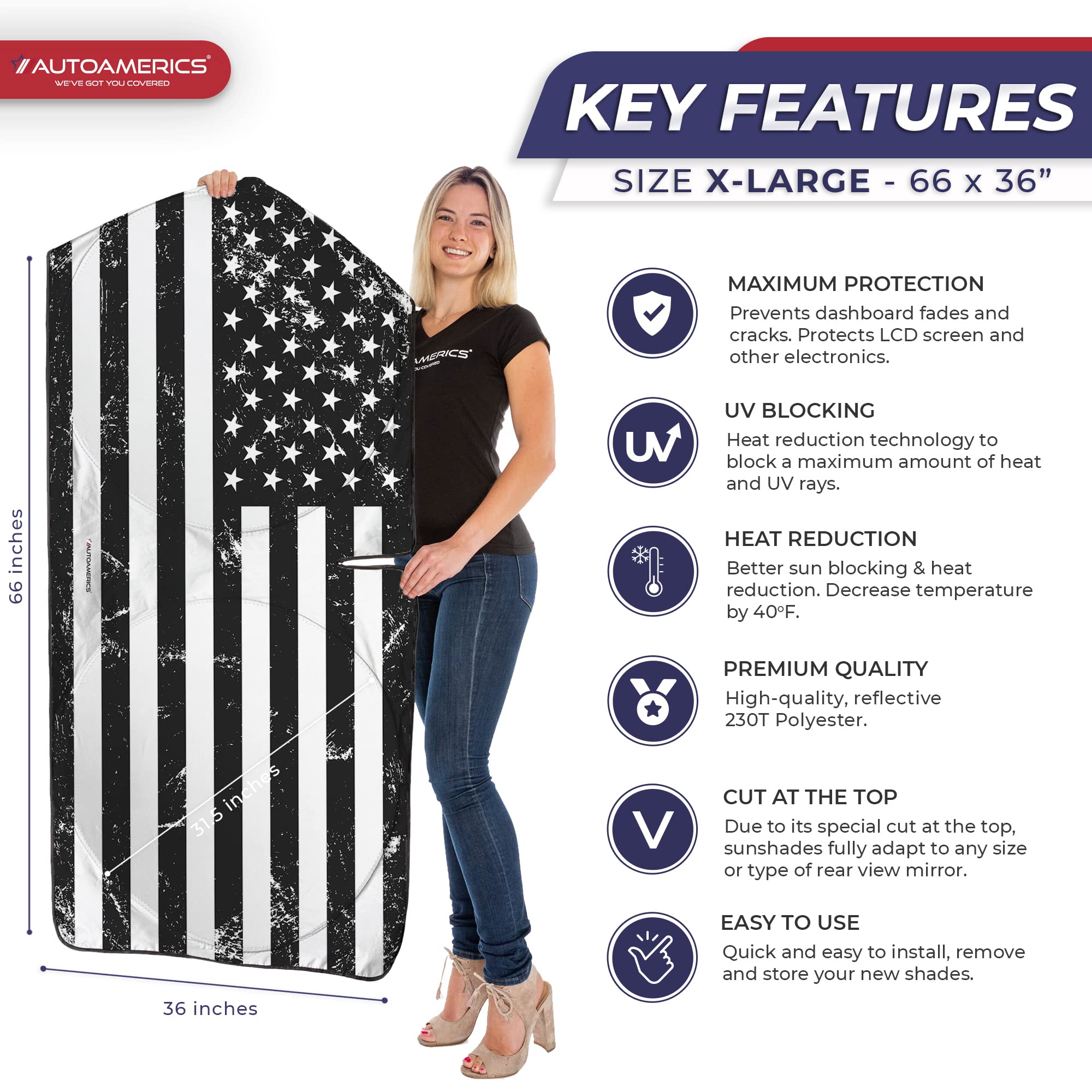 Autoamerics Truck Windshield Sun Shade With Storage Pouch & Anti-Slip Dash Pad - Foldable Grunge B&W Usa Flag Design - Fits Most