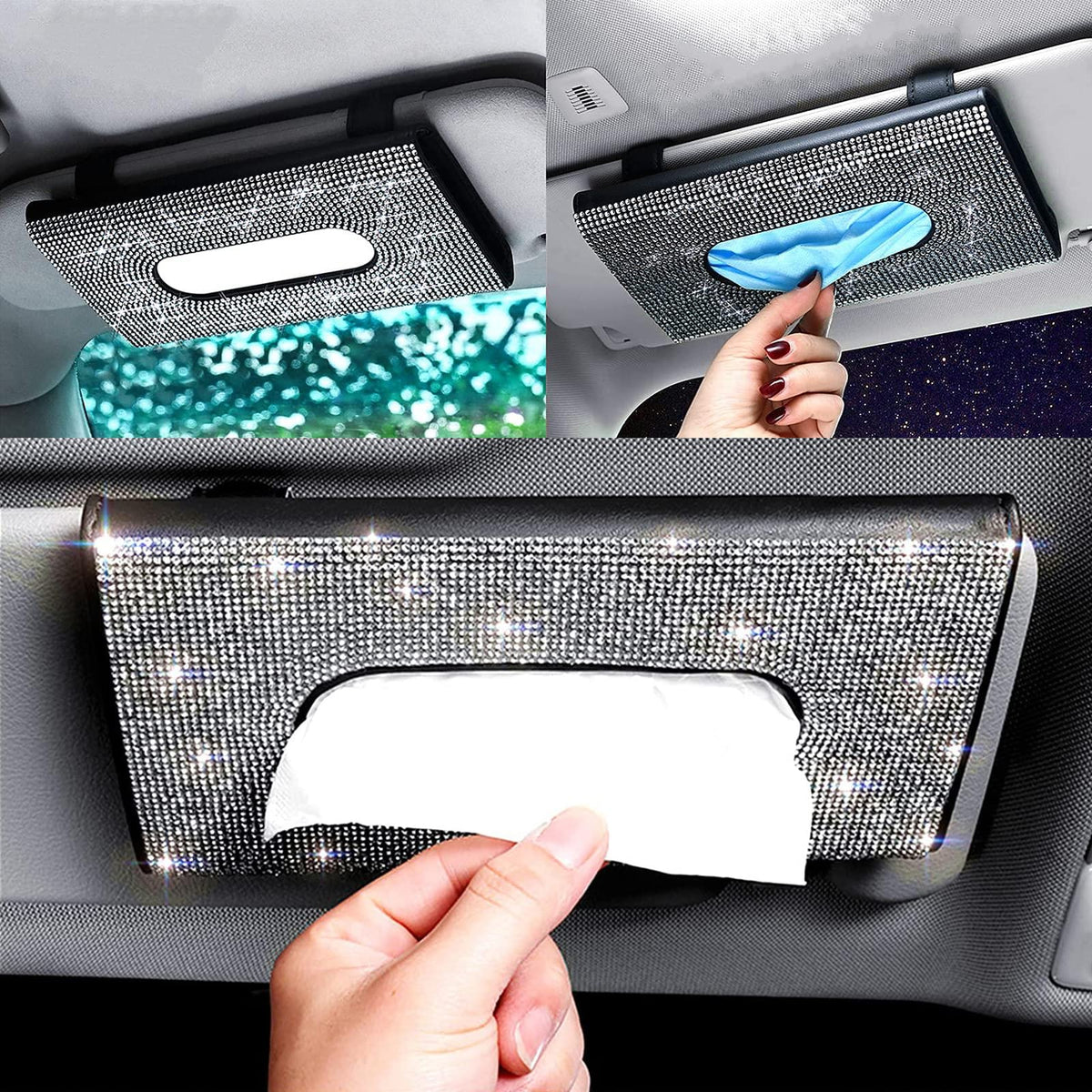Perfect Valentine'S Day Gift For Her, Sparkling Luxury Car Sun Visor Tissue Box Holder - Handmade Pu Leather With Bling Crystal 