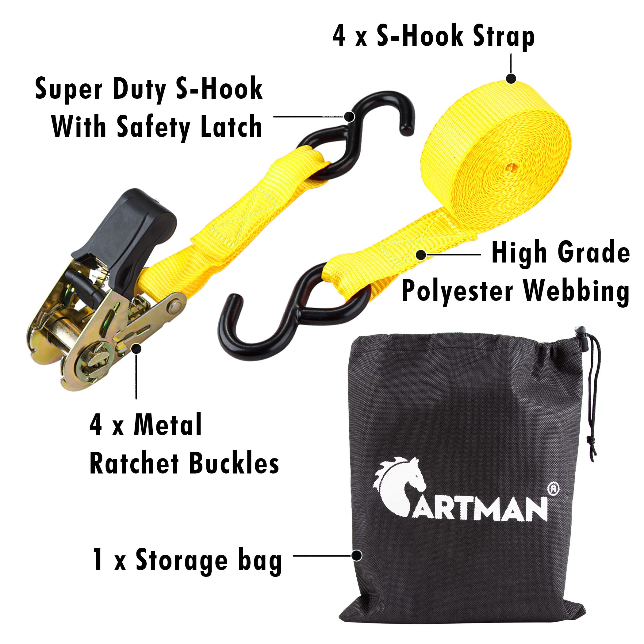 Cartman Ratchet Tie Down, 4Pk 15Ft, 500Lbs Load Cap/ 1500Lbs Break Strength, Cargo Straps For Moving Appliances, Lawn Equipment,