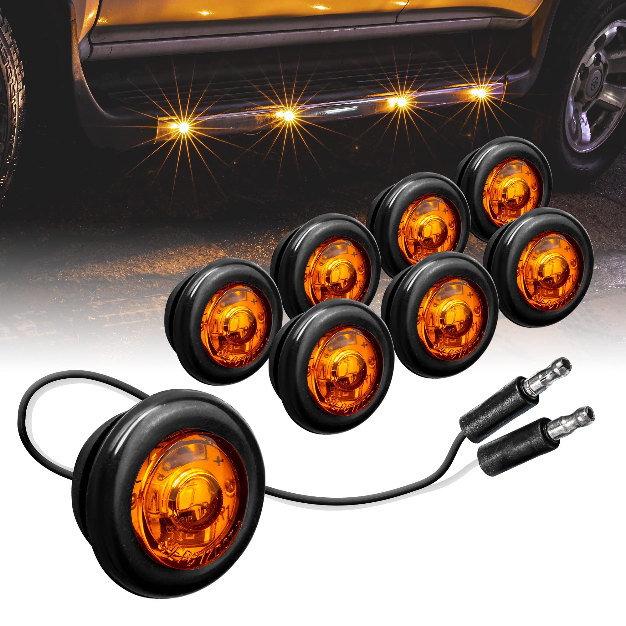 TRUE MODS 8pc 3/4' Round Amber Trailer LED Marker Light [DOT FMVSS 108] [SAE P2PC] [Semi-Spherical Output] [IP67 Waterproof] [Bullet Style] Round Clearance Marker Lights for Trailer Truck
