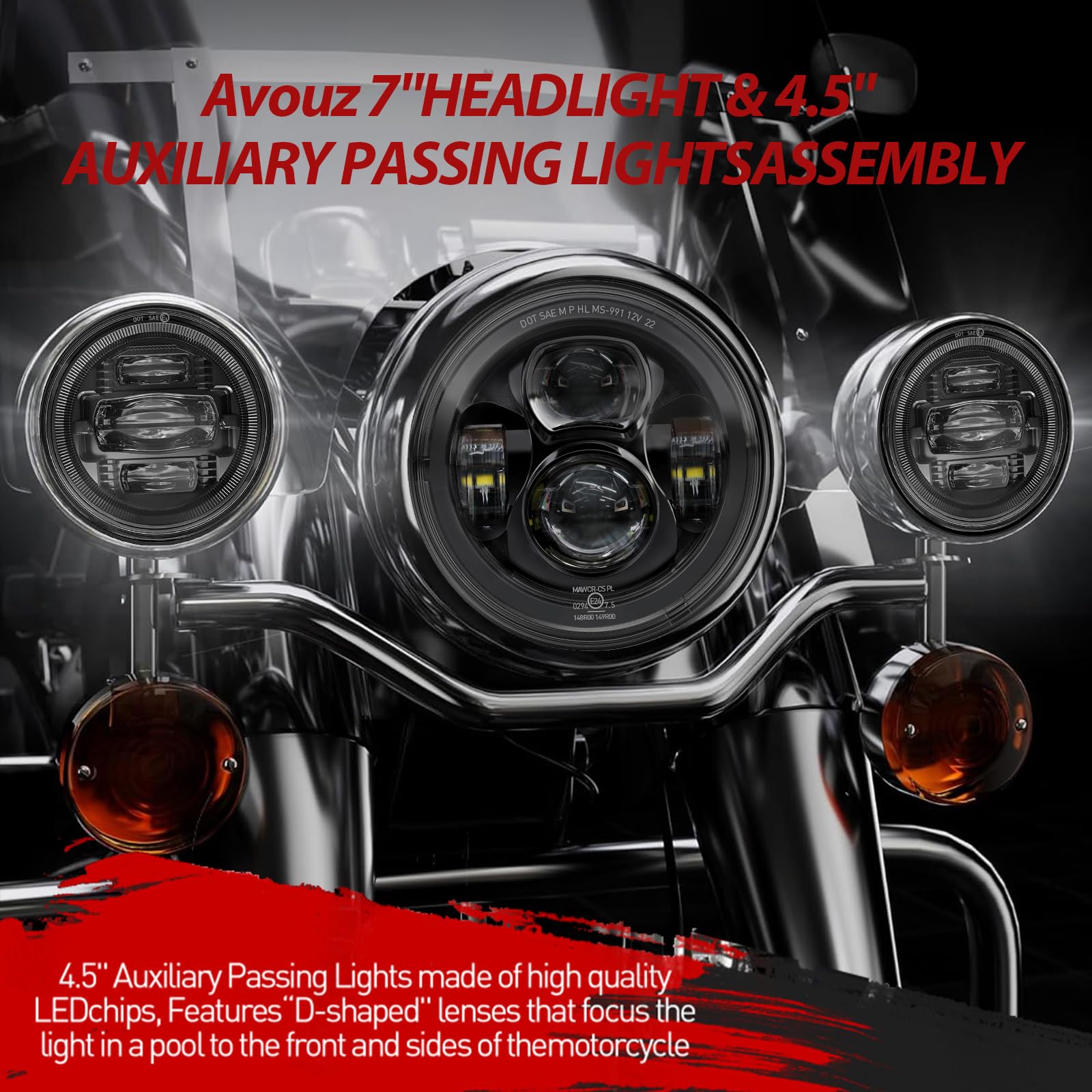 AVOUZ 7 Inch Motorcycle LED Headlight 4.5'' Fog Passing Lamps DOT Kit for Harley Davidson Street Glide Road King Electra Glide F