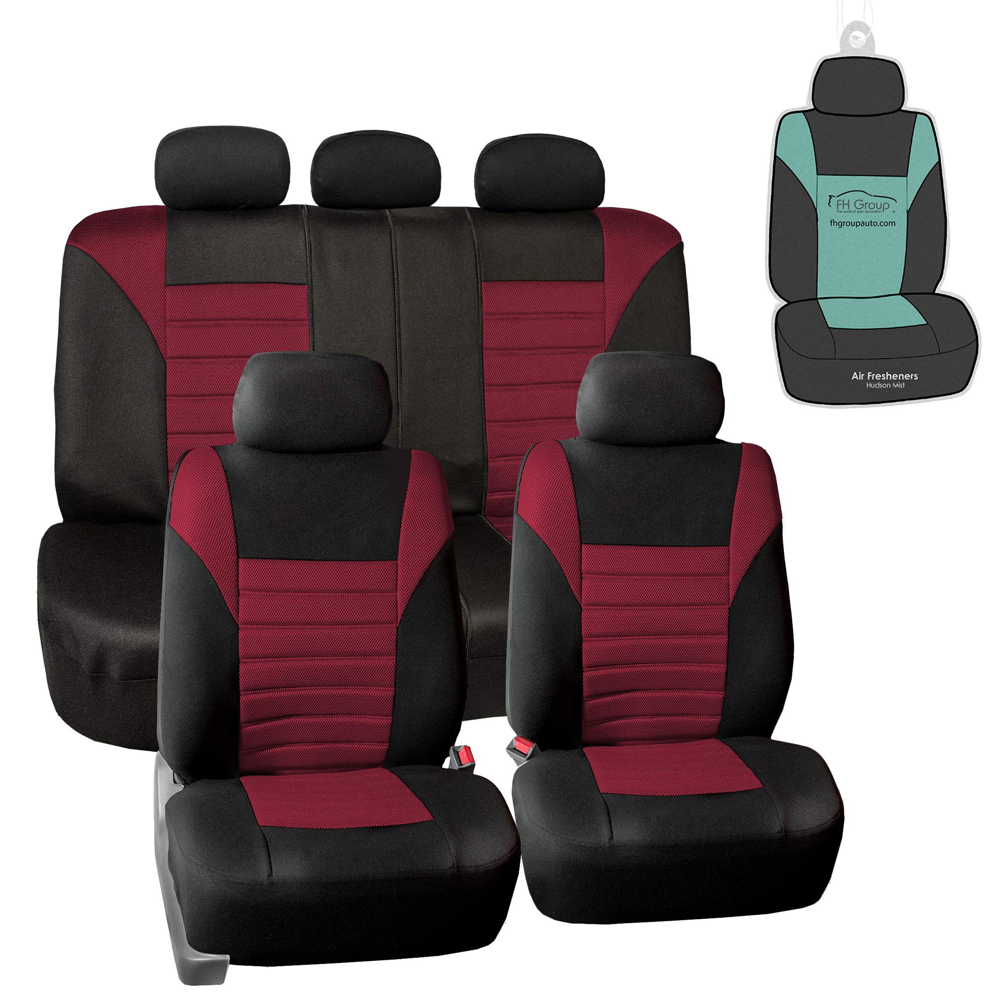 Fh Group Automotive Car Seat Covers Full Set Premium 3D Air Mesh Burgundy And Black Seat Covers, Airbag Compatible And Split Ben