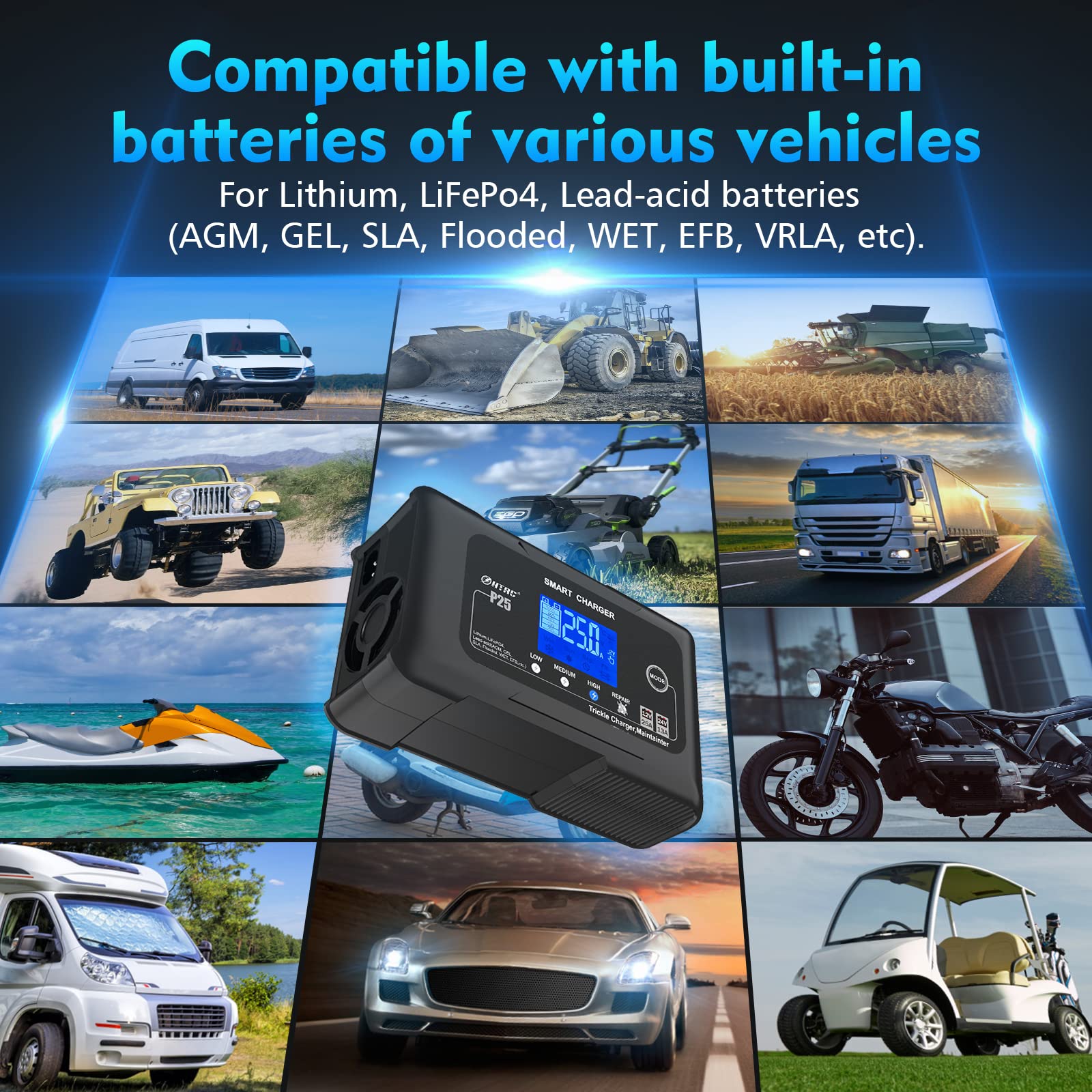 Htrc 25-Amp Smart Battery Charger,Lithium,Lifepo4,Lead-Acid Agm/Gel/Sla.. Car Battery Charger,Trickle Charger, Maintainer/Deep Cycle Charger,12V/25A And 24V/13A,For Motorcy,Boat,Lawn Mower,Golf Cart..