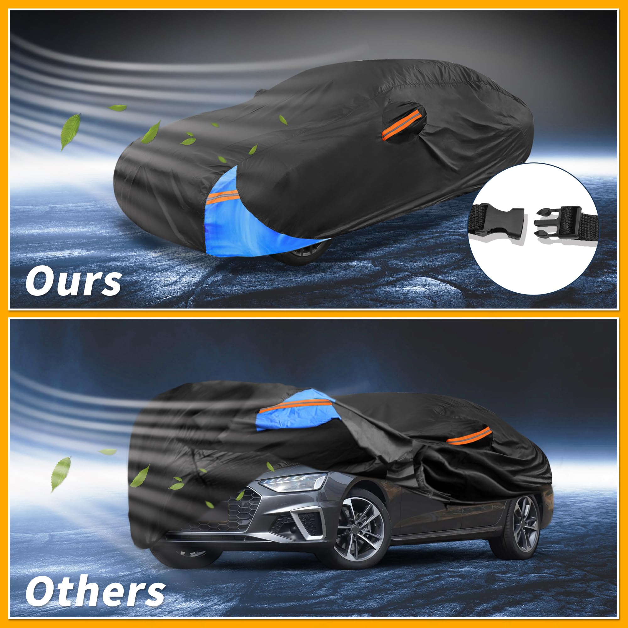 Partuto Waterproof All-Weather Universal Car Cover with Right Side Zipper, 210D-PU Black Blue Fits for Sedan 177'' to 185'' Leng