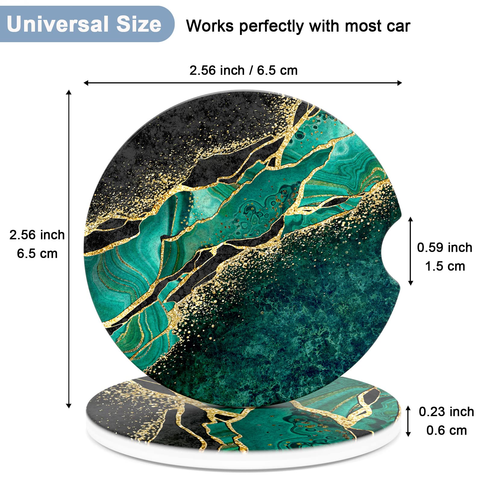 Nipichsha Car Coasters For Cup Holders, 2 Pack Absorbent Ceramic Car Cup Holder Coaster For Drinks, Cute Car Assecories For Women Men, Universal Size 2.56' With Finger Notch & Cork Base, Green Marble