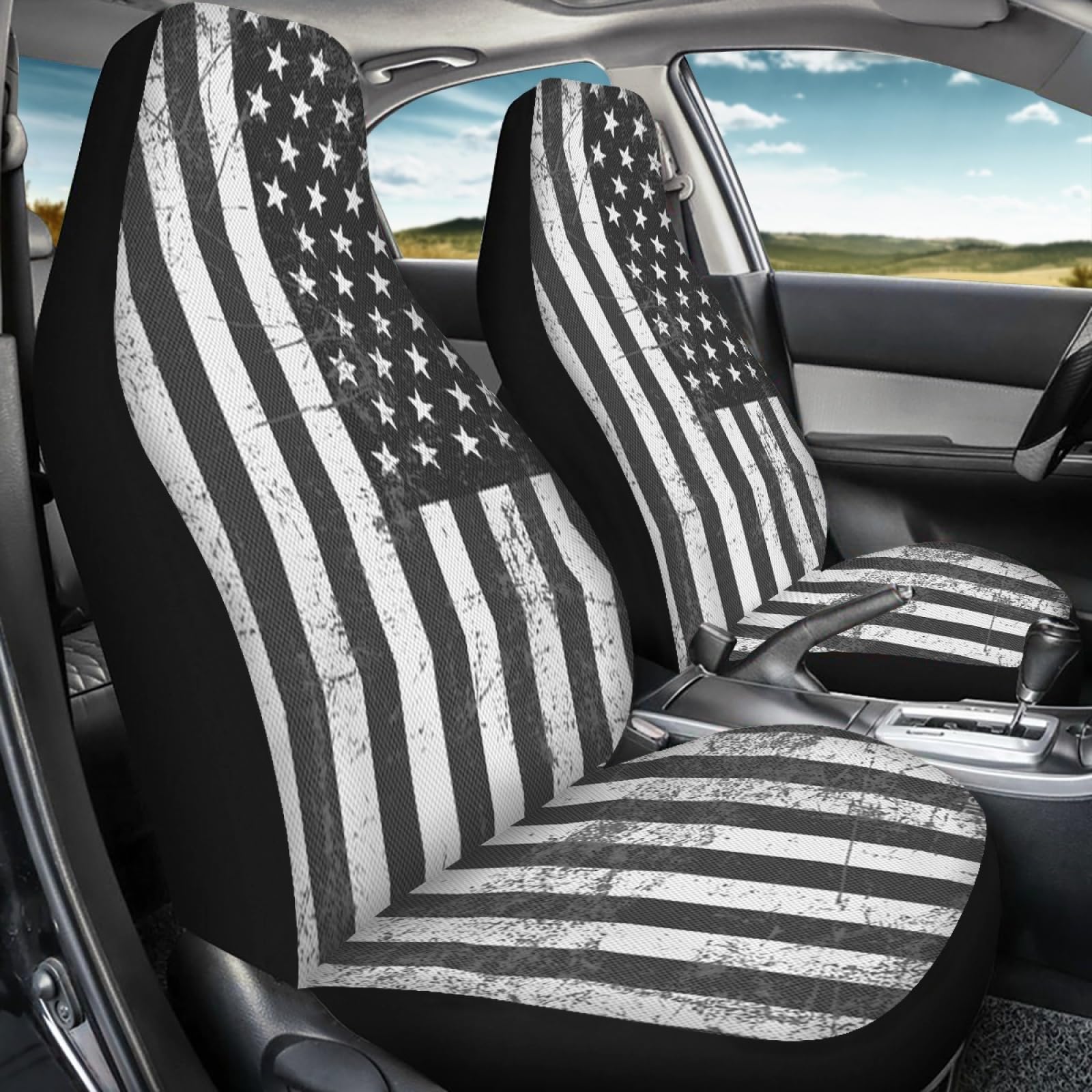 ELEQIN Patriotic American Flag Print Front Seat Cover 2 Pcs,Classic Black White Universal Vehicle Seat Protector Mat Covers, Fit