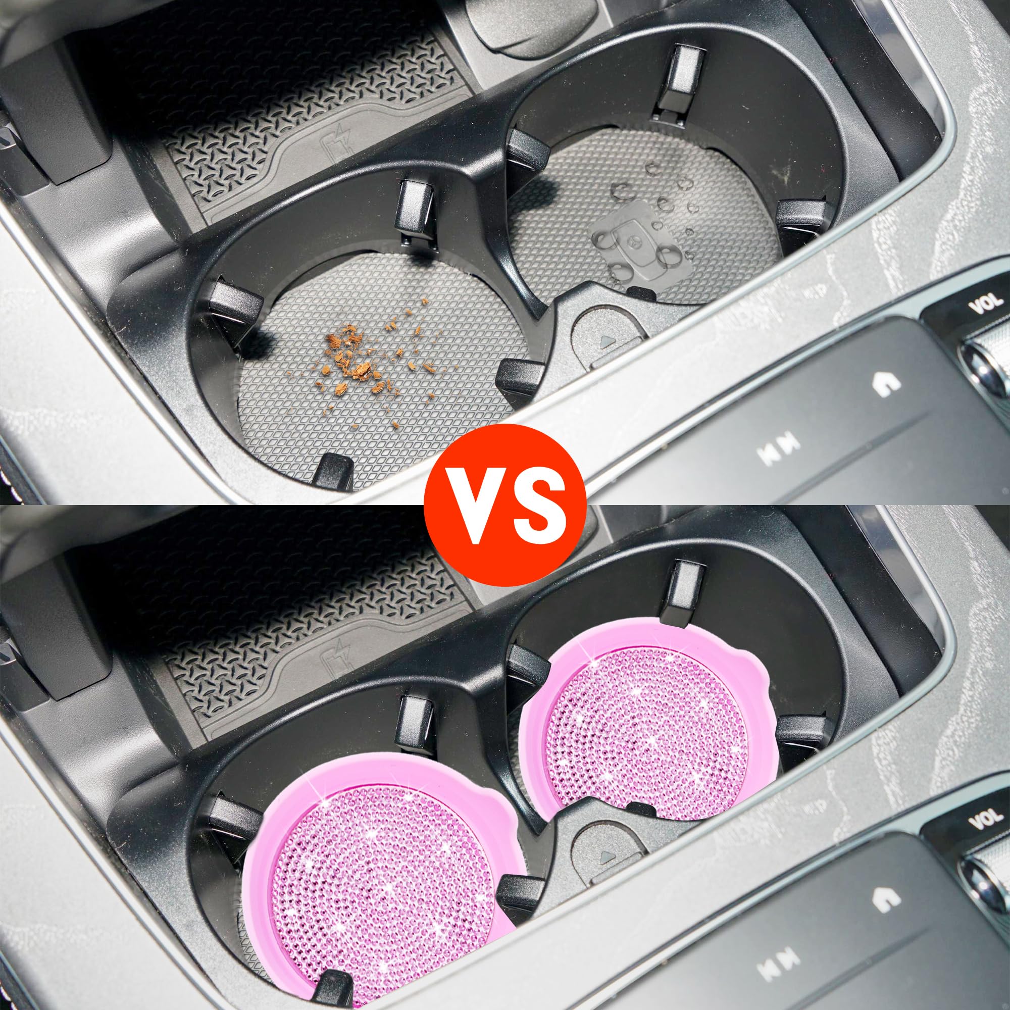 Amooca Car Cup Coaster Universal Non-Slip Cup Holders Bling Crystal Rhinestone Car Interior Accessories 2 Pack Pink Whole Rhines