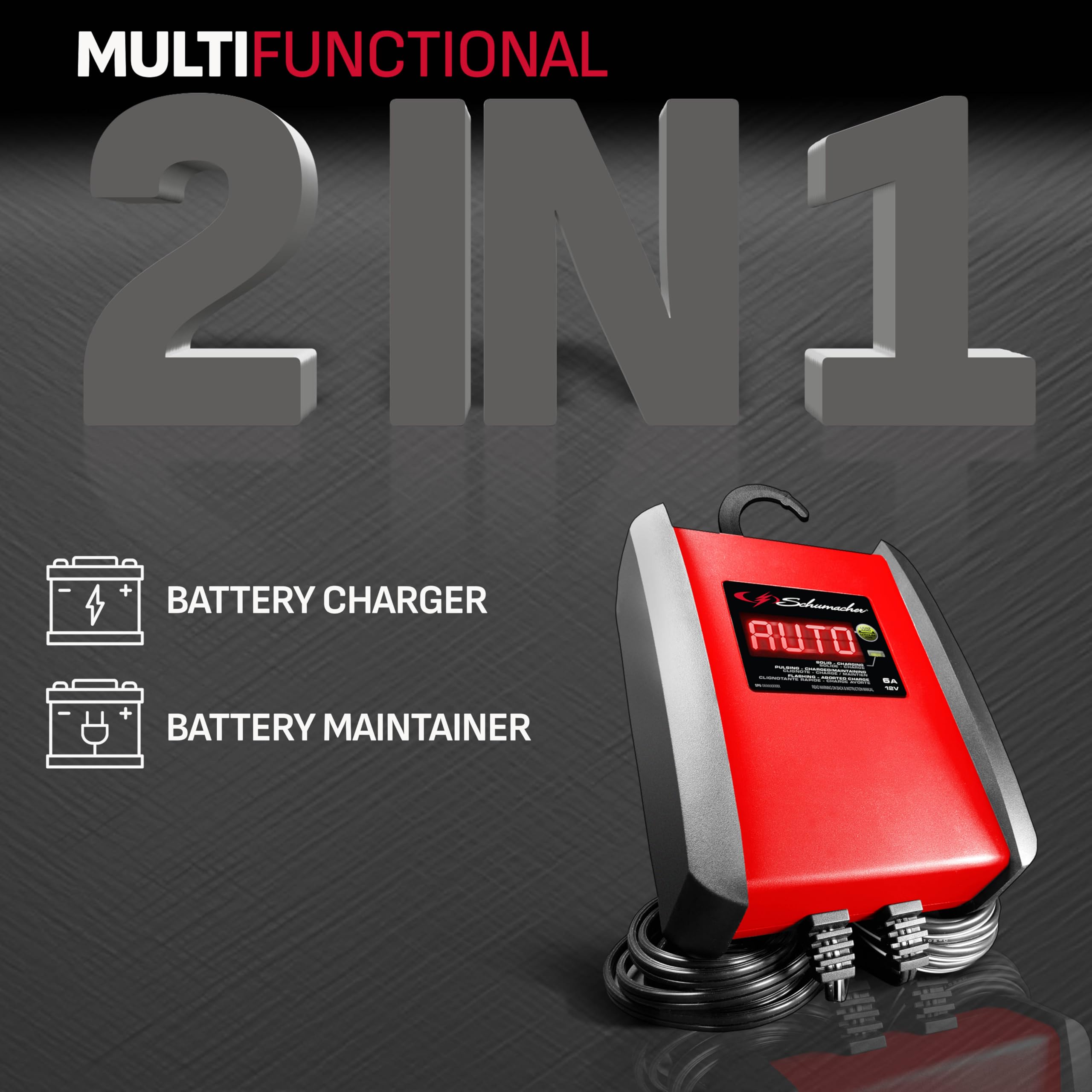 Schumacher SP1298 6 Amp Fully Automatic Battery Charger & Maintainer for Cars, Motorcycles, Lawn Tractors, Marine - Red