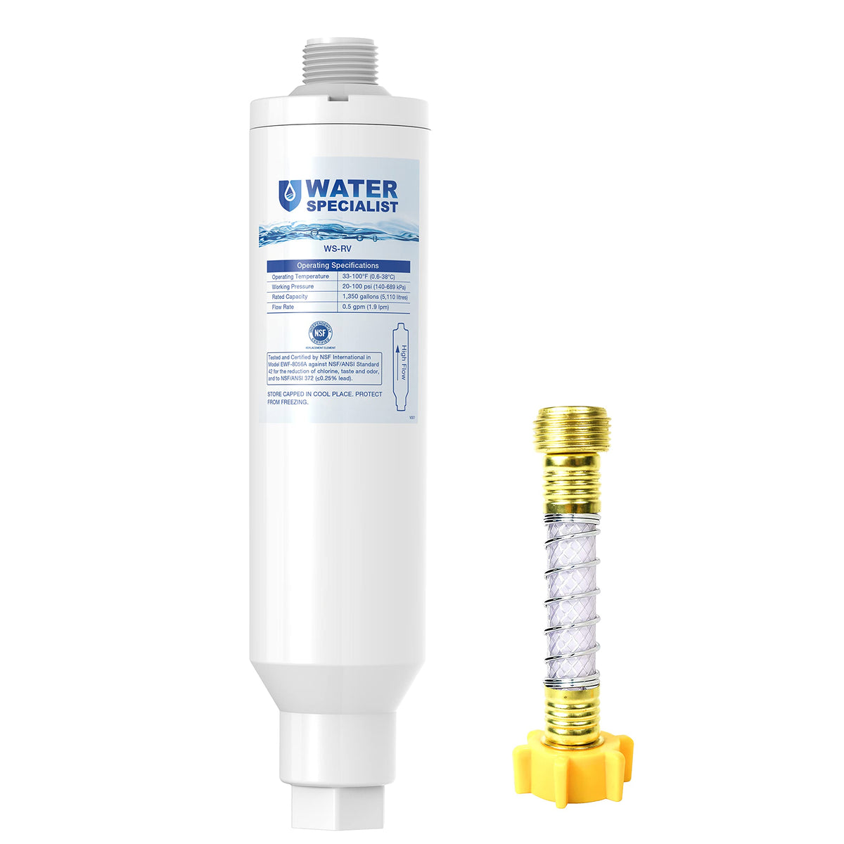 Waterspecialist Rv Inline Water Filter, Nsf Certified, Reduces Chlorine, Bad Taste And Odor, Rust, Corrosion, Sediments, And Turbidity, Dedicated For Rvs, 1 Pack Water Filter With Hose Protector