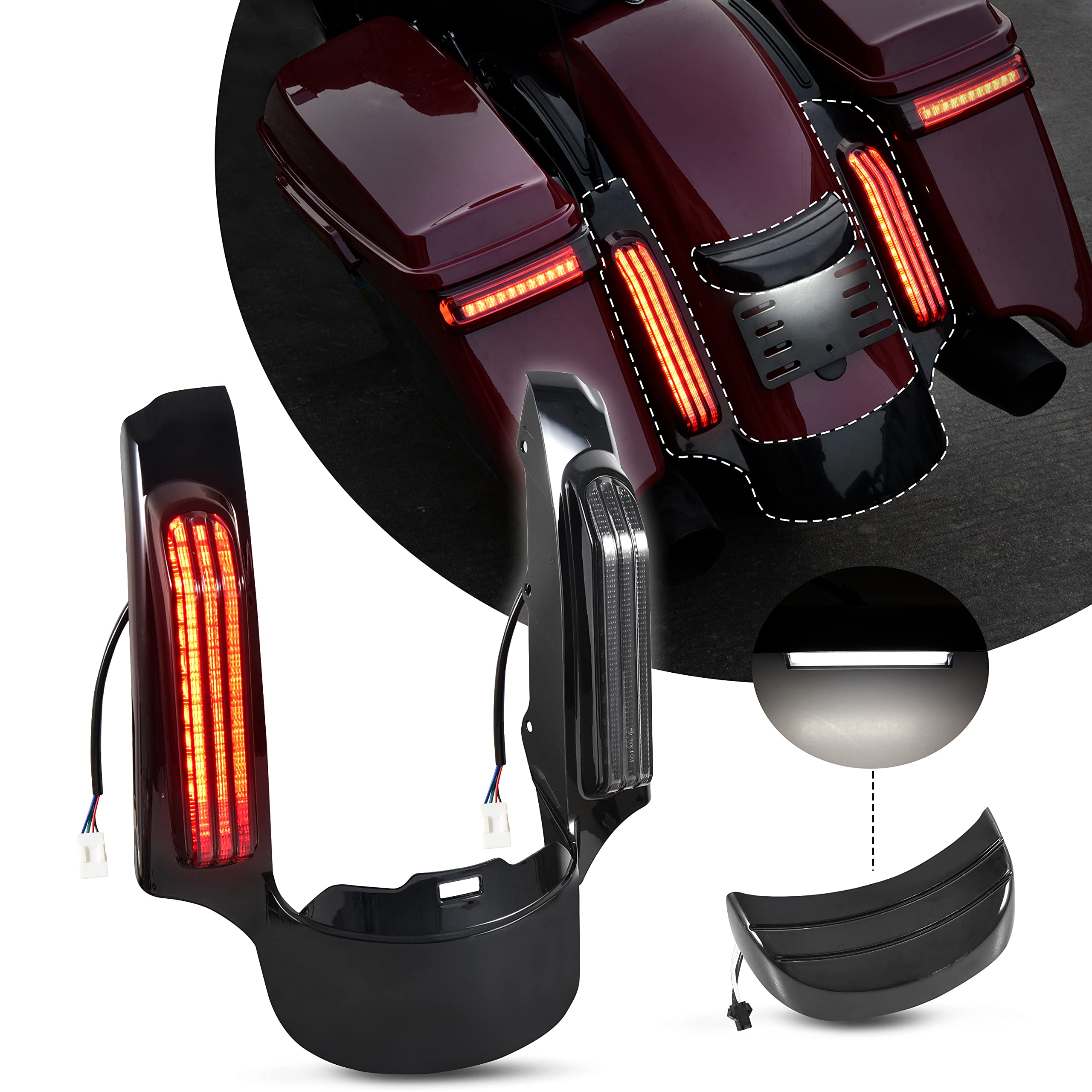 VEISUTOR LED Rear Fender Fascia Kit for Road Glide 14-23, Rear Fender Extension Fascia Set w/LED Brake Running Turn Signals Ligh