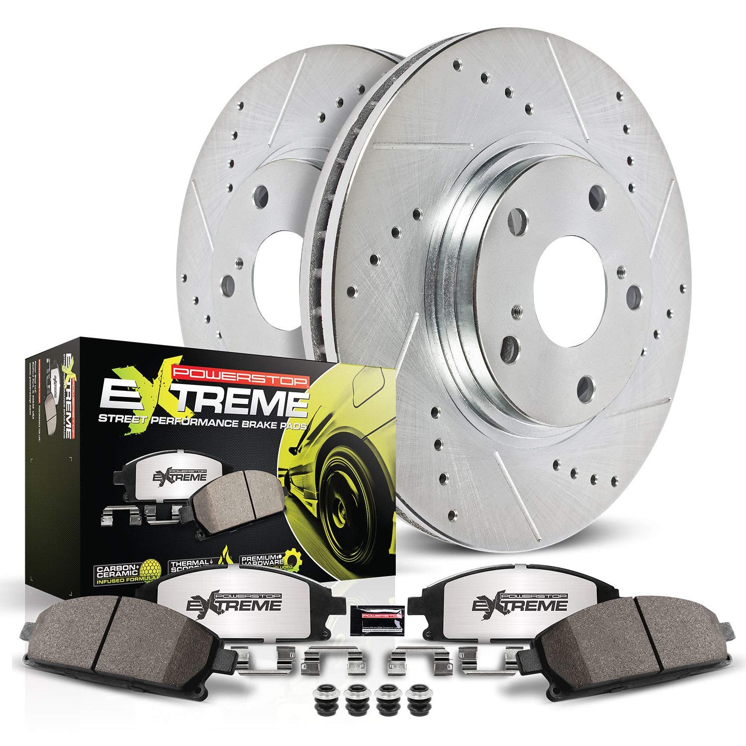Power Stop K2560-26 Front Z26 Carbon Fiber Brake Pads with Drilled and Slotted Brake Rotors Kit For Chrysler 300 Dodge Challenge
