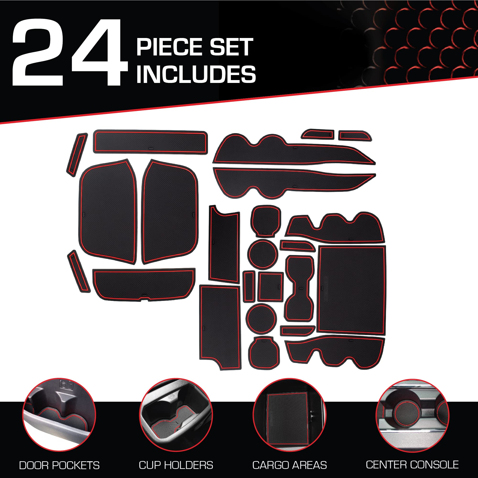 CupHolderHero fits Toyota Tacoma Accessories 2016-2023 Premium Custom Interior Non-Slip Anti Dust Cup Holder Inserts, Center Console Liner Mats, Door Pocket Liners 19pc Set (Double Cab) (Red Trim)