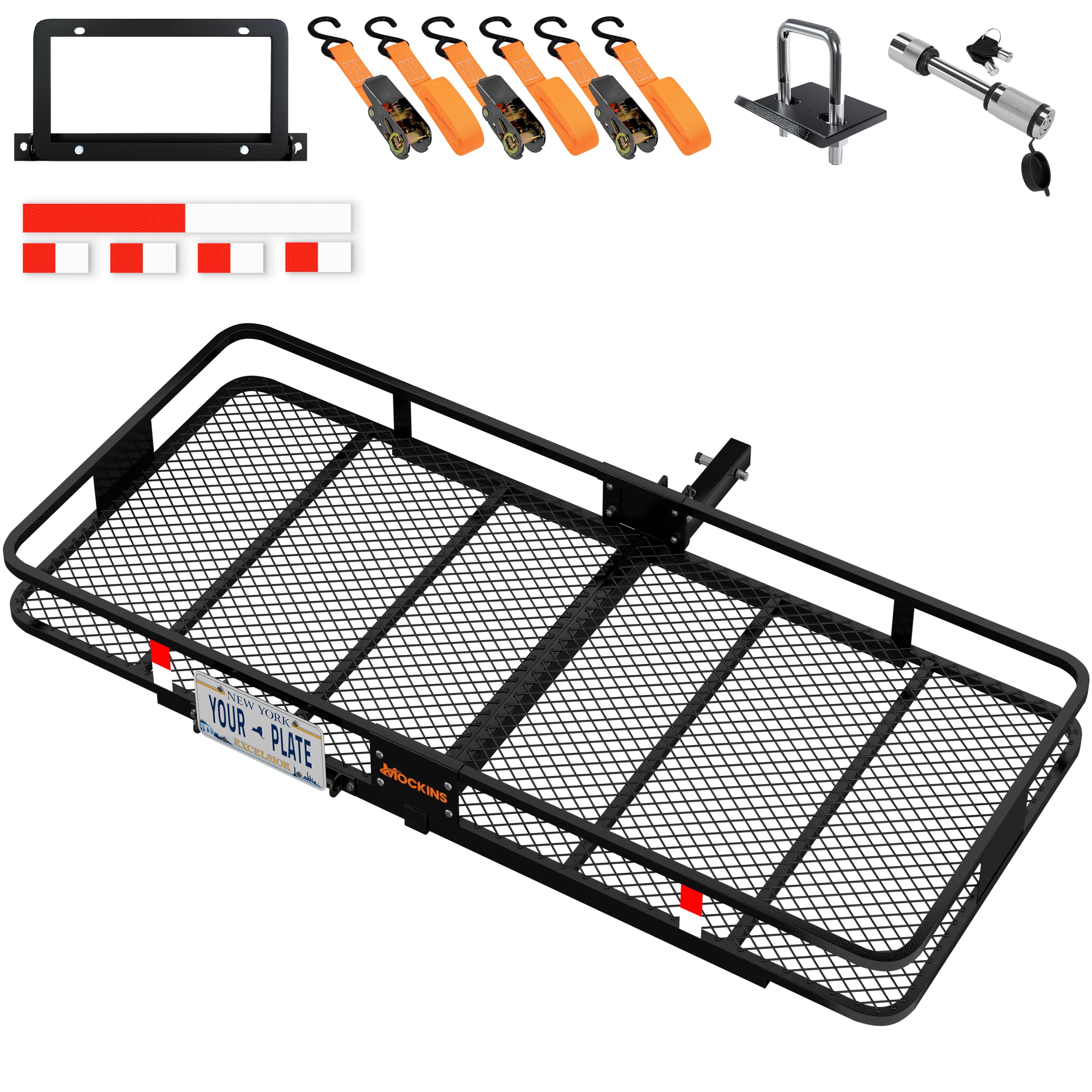 Mockins XXL 70x30x6 Folding Trailer Hitch Cargo Carrier | 500 Lbs. Cap. Cargo Hitch Carrier Rack | All-Weather Steel Luggage Rac