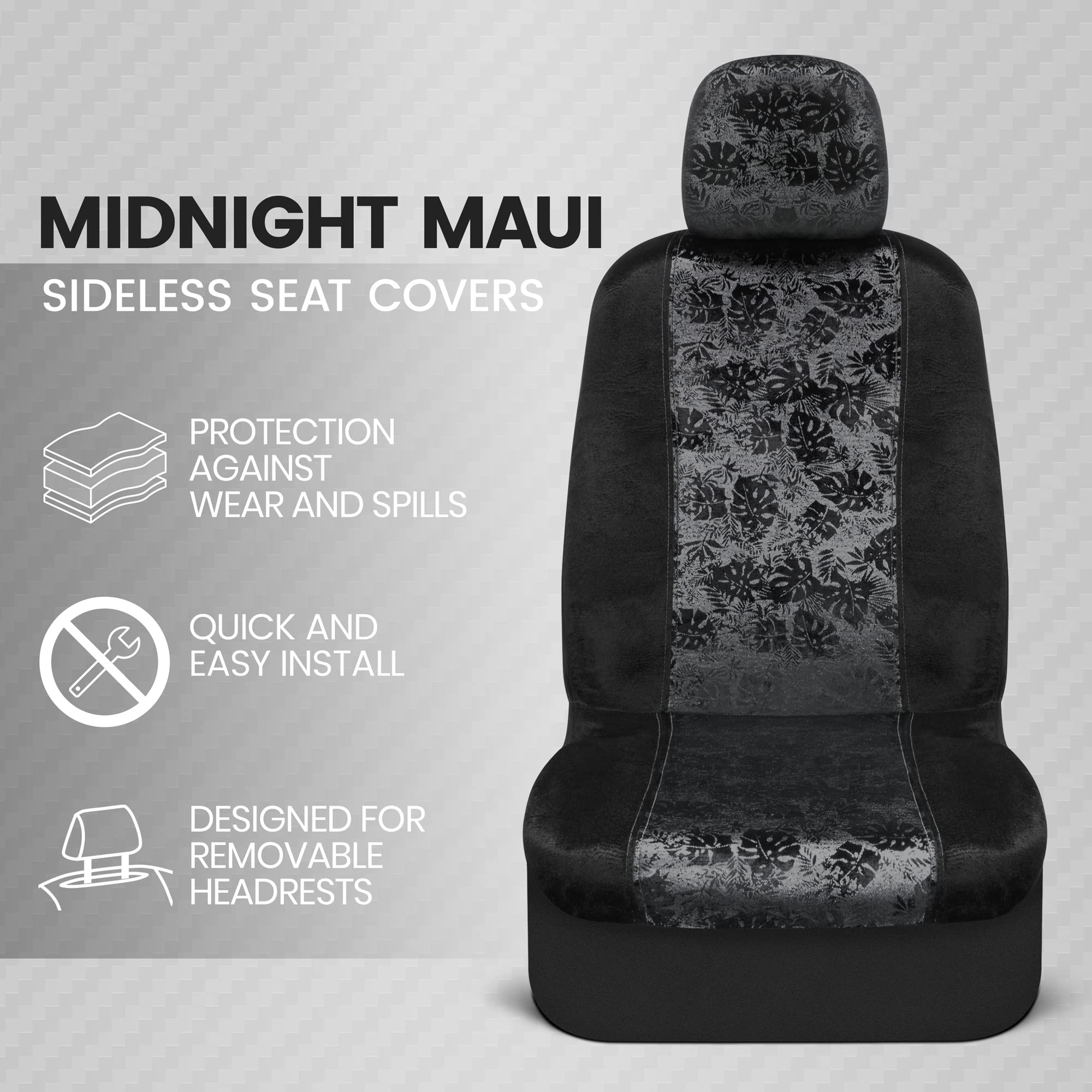 Bdk Black Maui Car Seat Covers For Front Seats, 2 Pack - Tropical Pattern Front Seat Cover Set With Matching Headrest, Sideless Design For Easy Installation, Fits Most Car Truck Van And Suv
