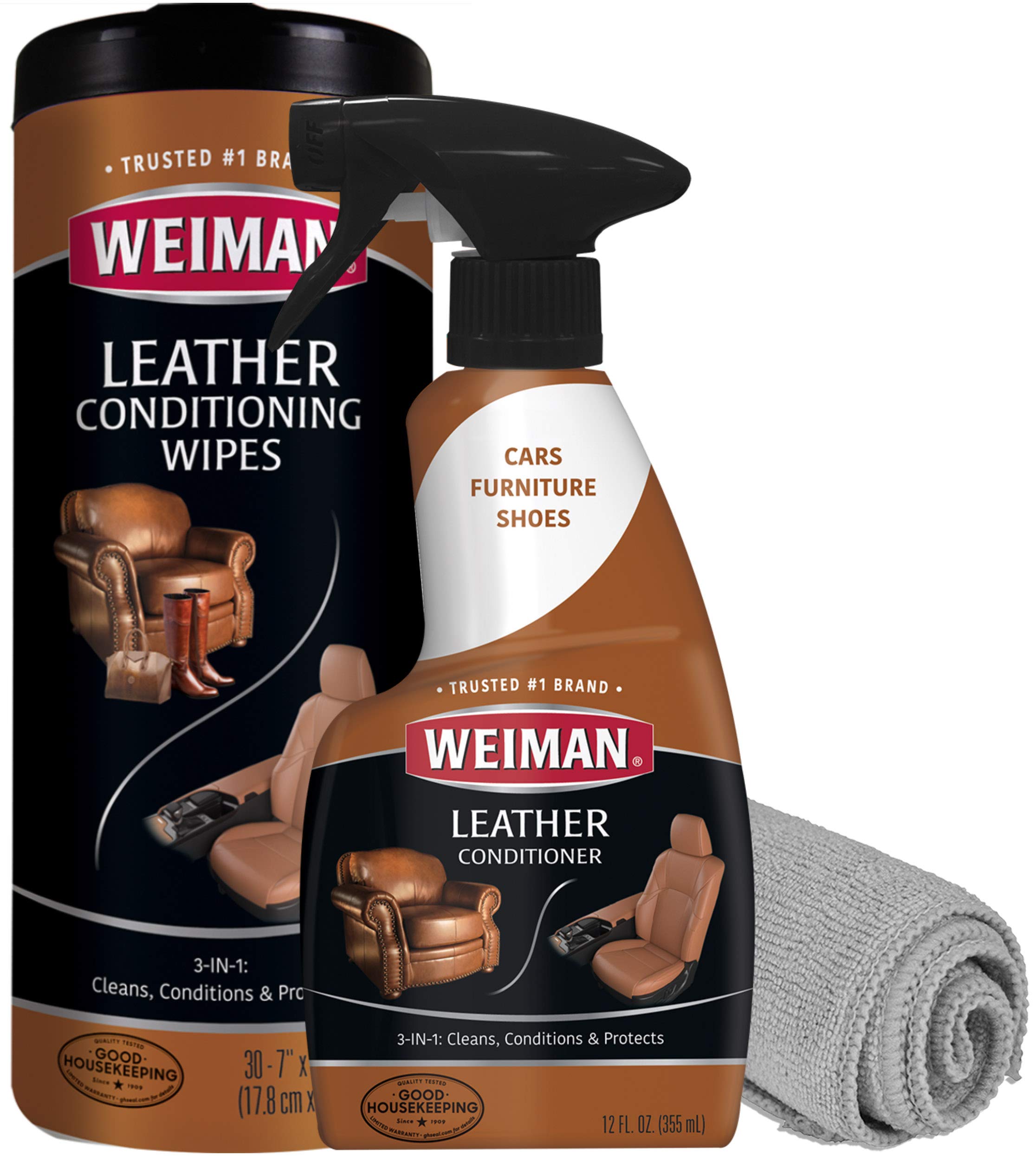 Weiman Leather Cleaner & Conditioner Care Kit | Restores Leather Surfaces | Ultra Violet Protectants Help Prevent Cracking Or Fading Of Leather Furniture, Car Seats, Shoes