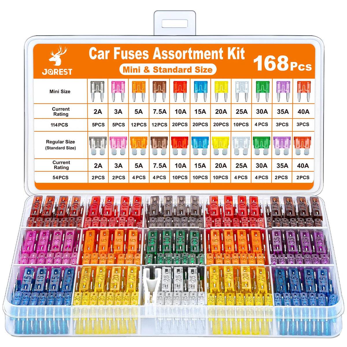 Car Fuses 168 Pcs, Jorest Assortment Kit, 114 Mini Blade Fuses Automotive + 54 Standard Auto Fuses + 1 Fuse Pullers - For Car/Rv
