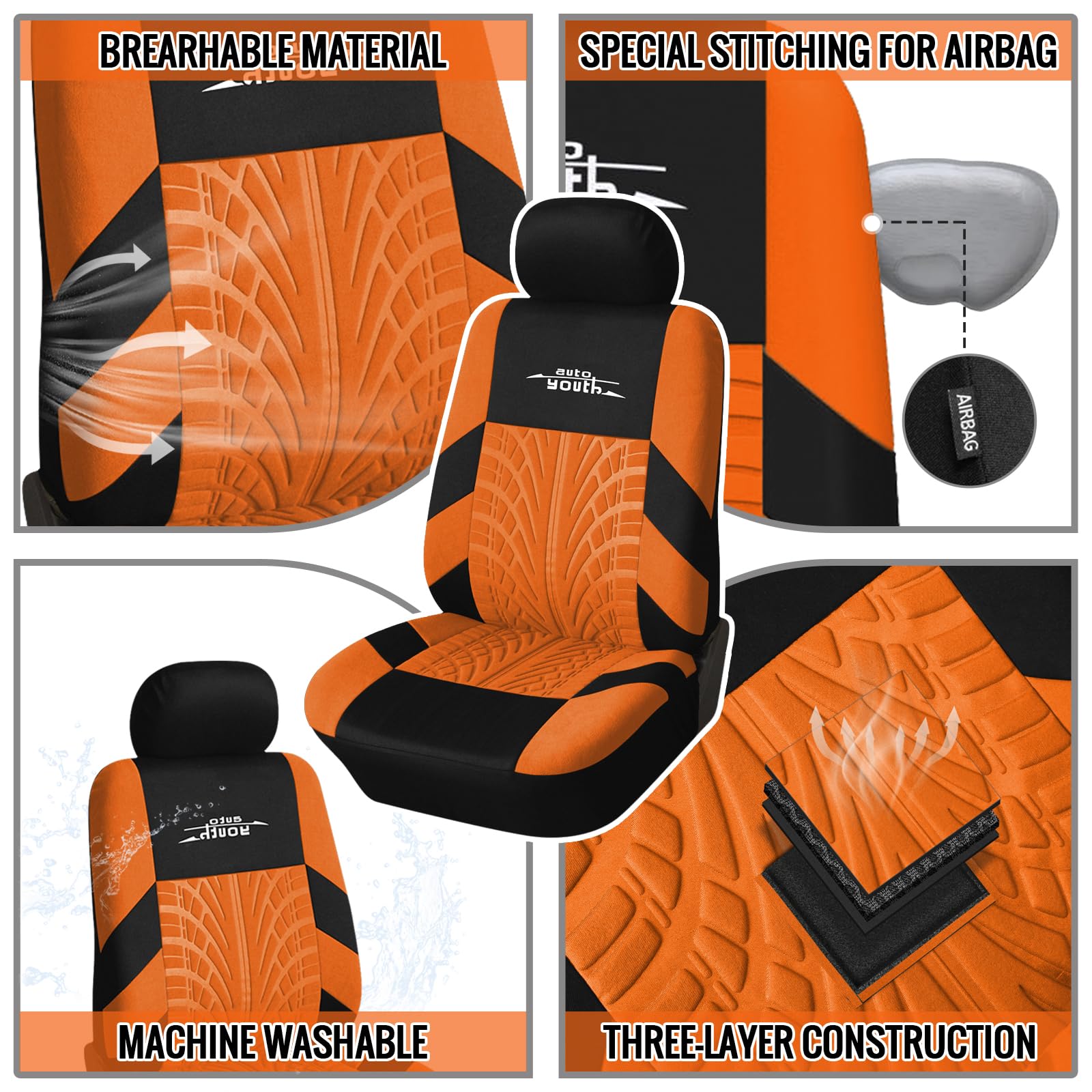 Autoyouth Orange Sport Seat Covers, 4Mm Composite Sponge, Airbag Compatible, Universal For Cars, Suvs, Trucks, Vans - Full Set,