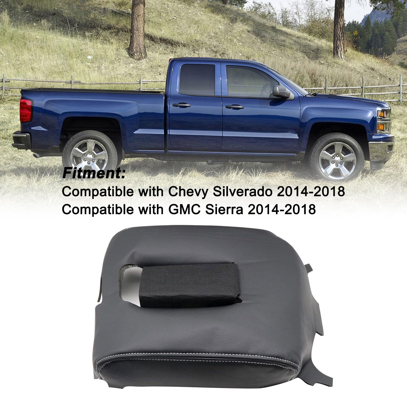 SecosAutoparts Black Leather Center Console Leather Lid Armrest Cover Replacement Gray Stitch Compatible with Chevy Silverado Co