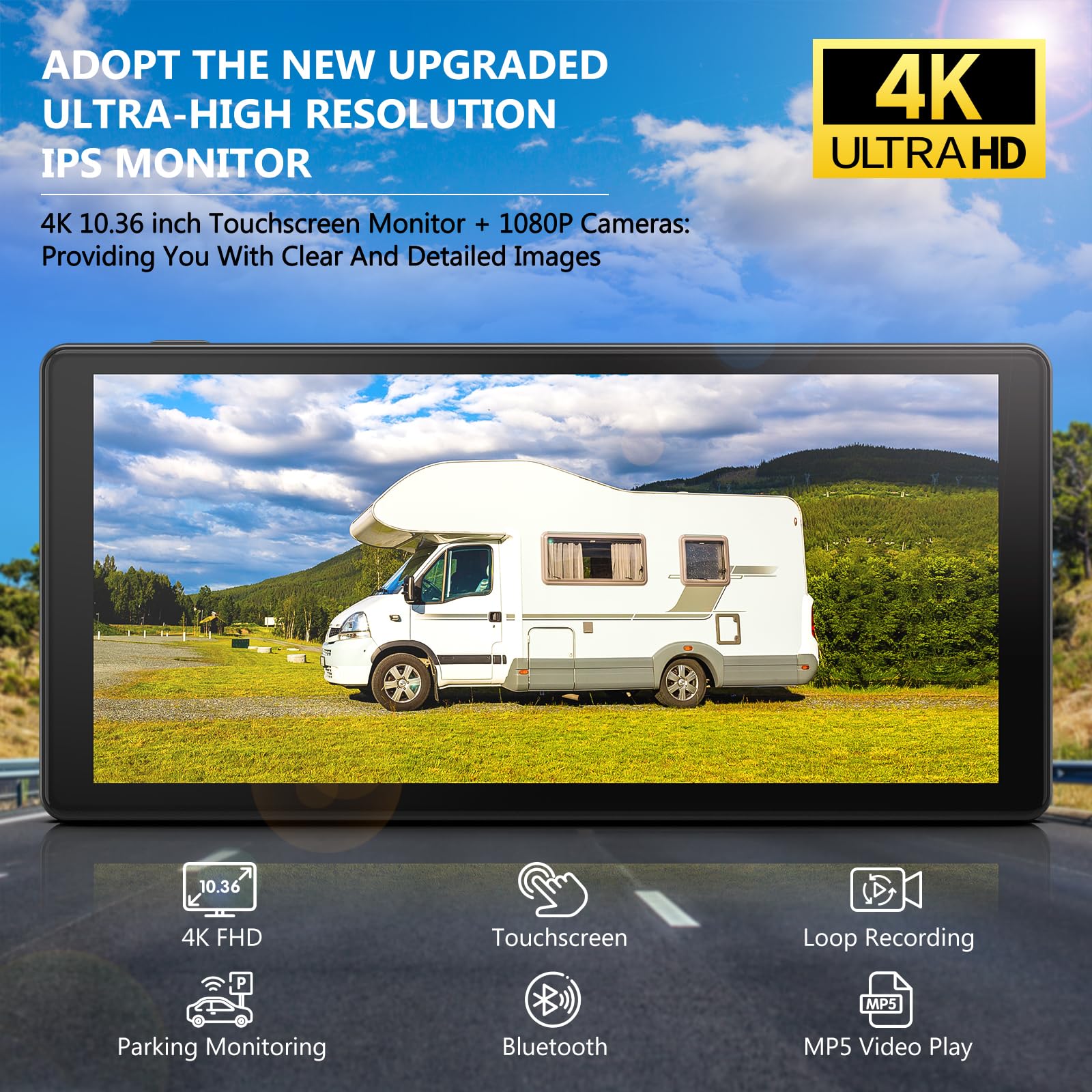 Dvknm 4K Rv Backup Camera System 10.36'' Quad Split Touchscreen Monitor 4 1080P Hd Rear View Cameras Dvr Recording Bluetooth Mus