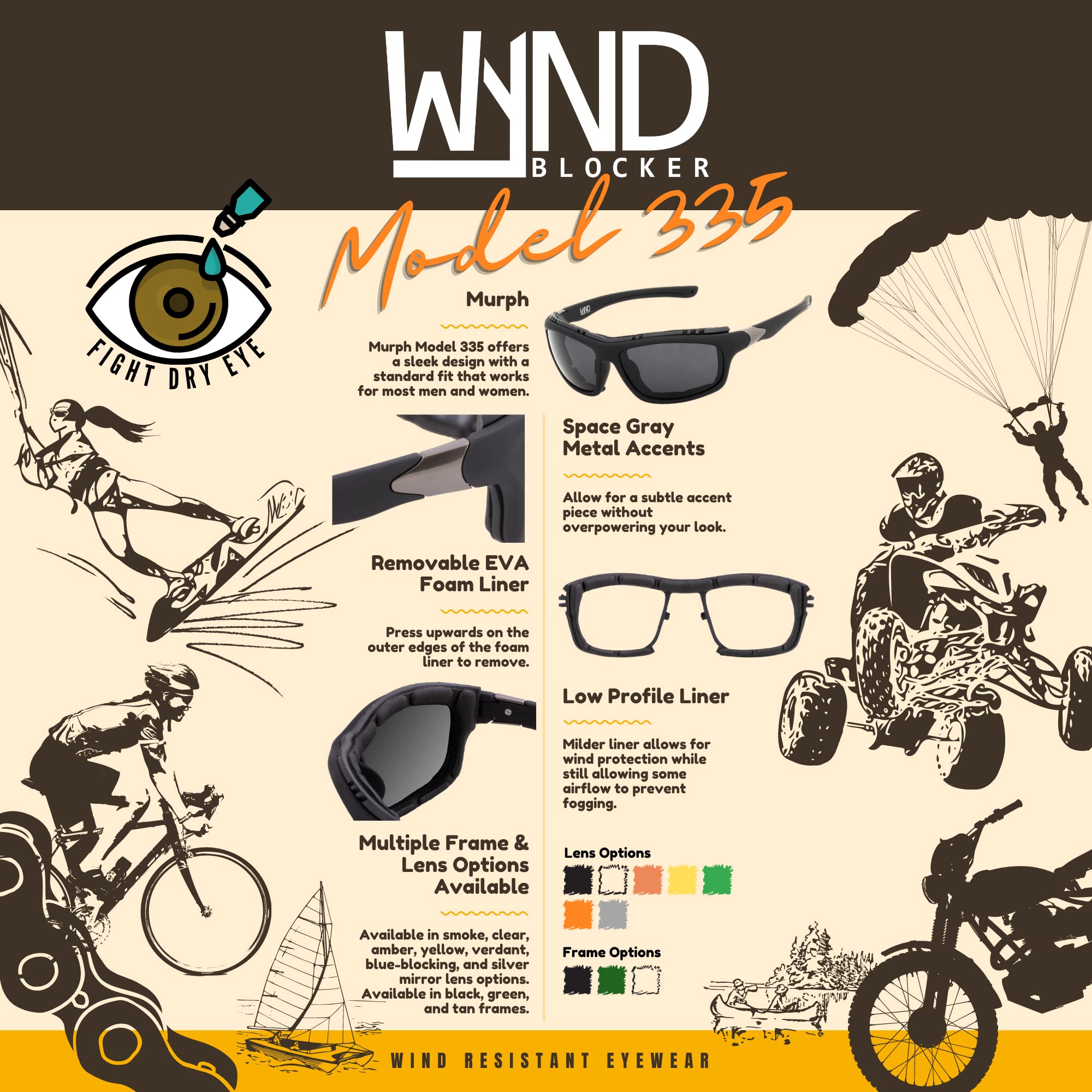 Wynd Blocker Airdam Sunglasses Motorcycle Riding, Driving, Fishing, Boating Wrap (Black Matte, Yellow)