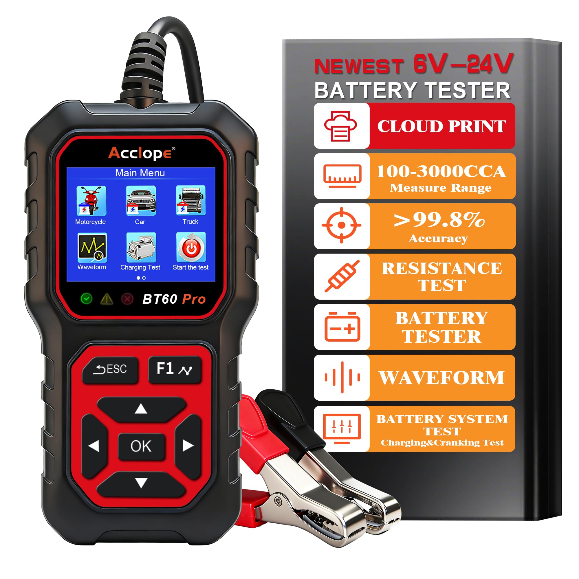 Acclope BT60 Pro Car Battery Tester with Cloud Printing,100-3000 CCA, Digital Analyzer for 6V/12V/24V Batteries, AGM Lithium Gel