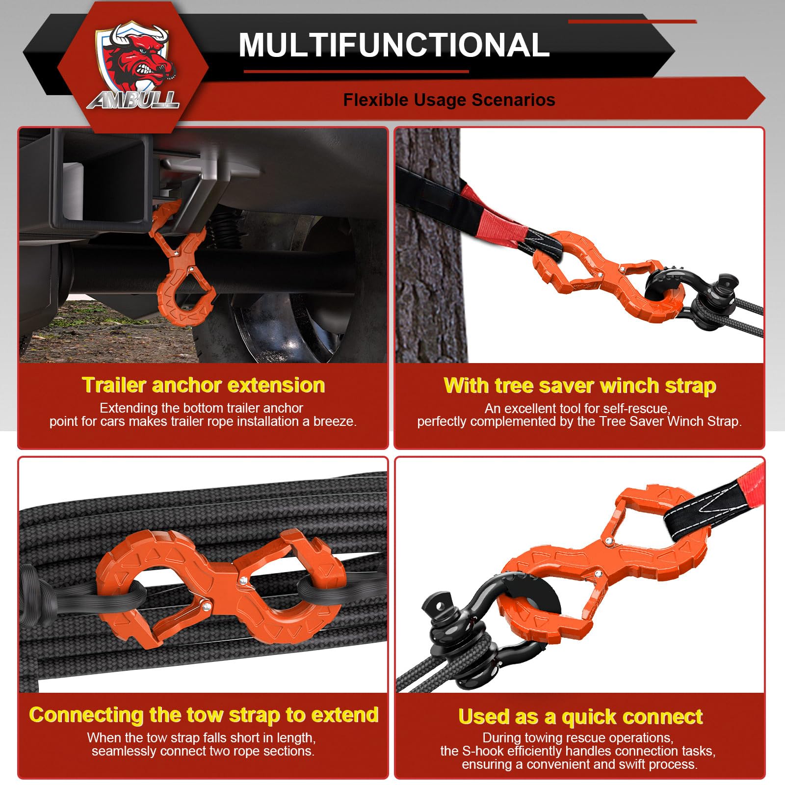 Ambull 3/8 Tow Hook, Winch Hook For Off-Road Recovery, Towing Shackle 33000 Lbs, G80 Heavy Duty Strength Integrated Winch Quick