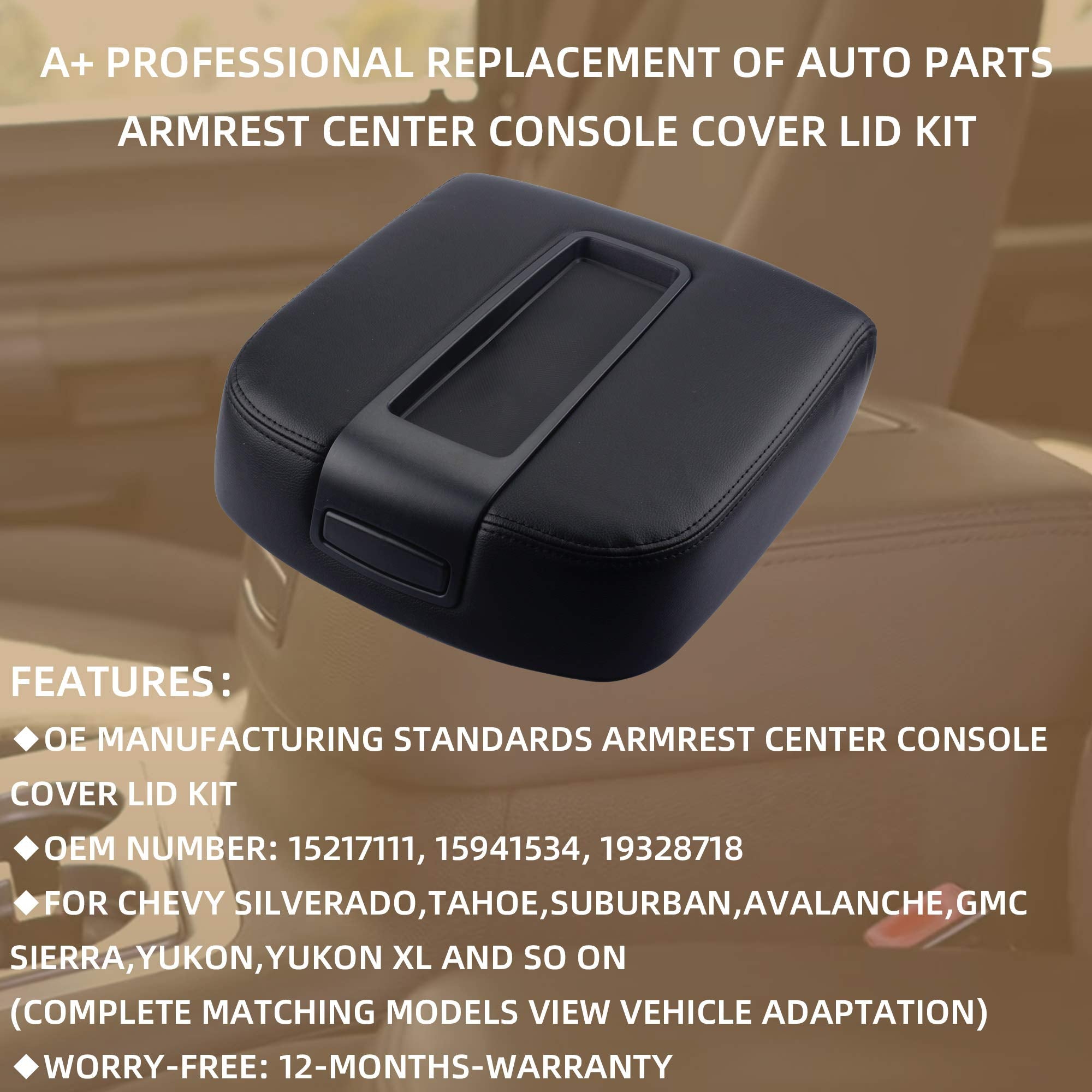 Dasbecan Center Console Lid Armrest Cover Compatible With 2007-2014 Avalanche Silverado Suburban 1500 2500 Yukon Sierra 2500Hd 3500Hd Armrest Center Console Cover Lid Kit 15217111(Black)