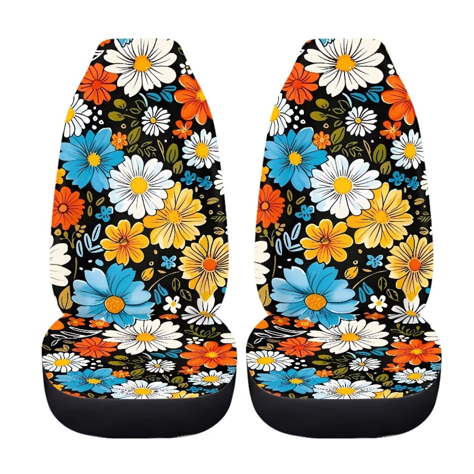 Bigcarjob Hippie Daisy Car Seat Cover Set For Front Seat Only,2 Pack Blossom Flower Printed Auto Front Seat Protector Saddle Bla