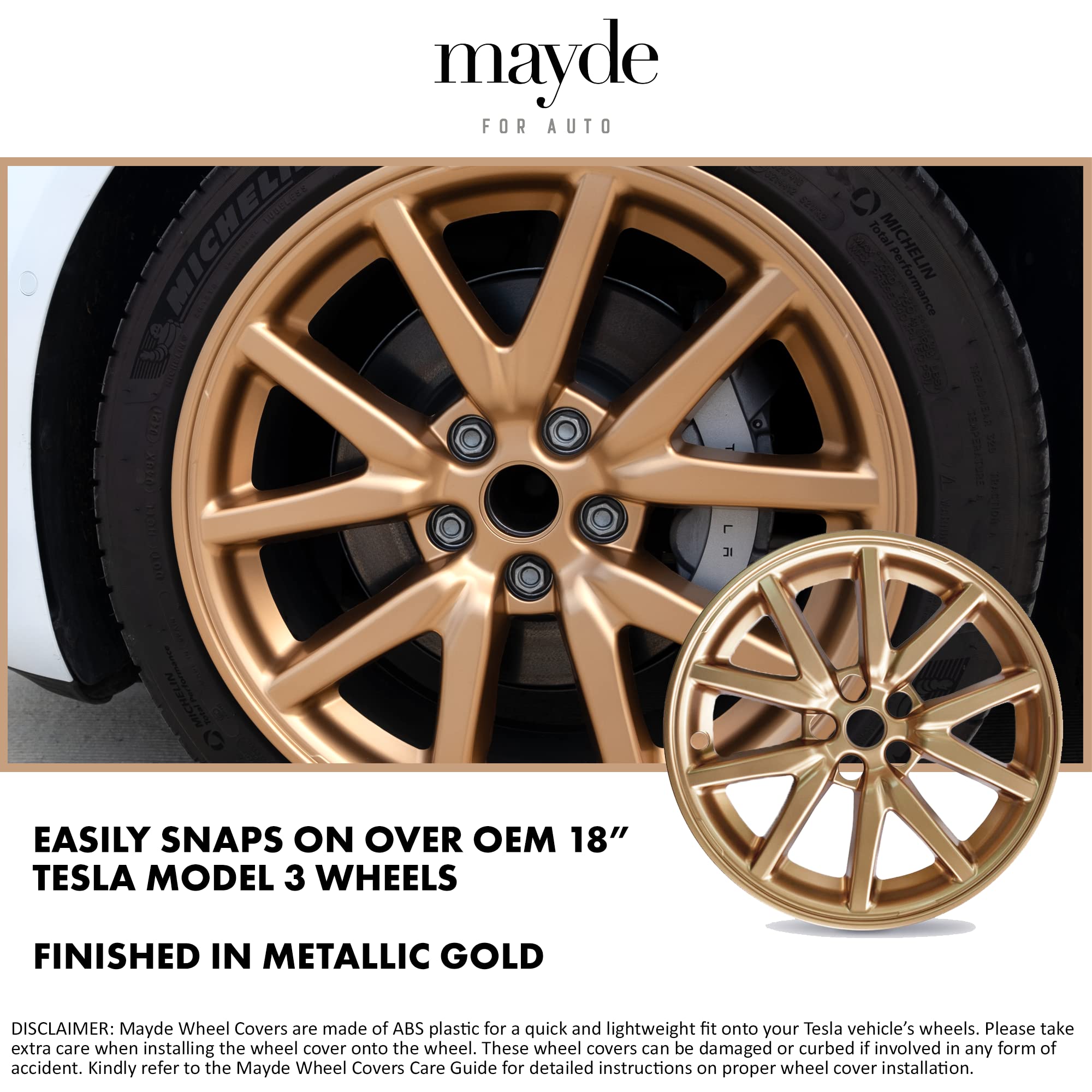 Mayde 18-Inch Hub Caps Fits 2017-2022 Tesla Model 3, Replacement Wheel Covers (Set Of 4,) (Metallic Gold)