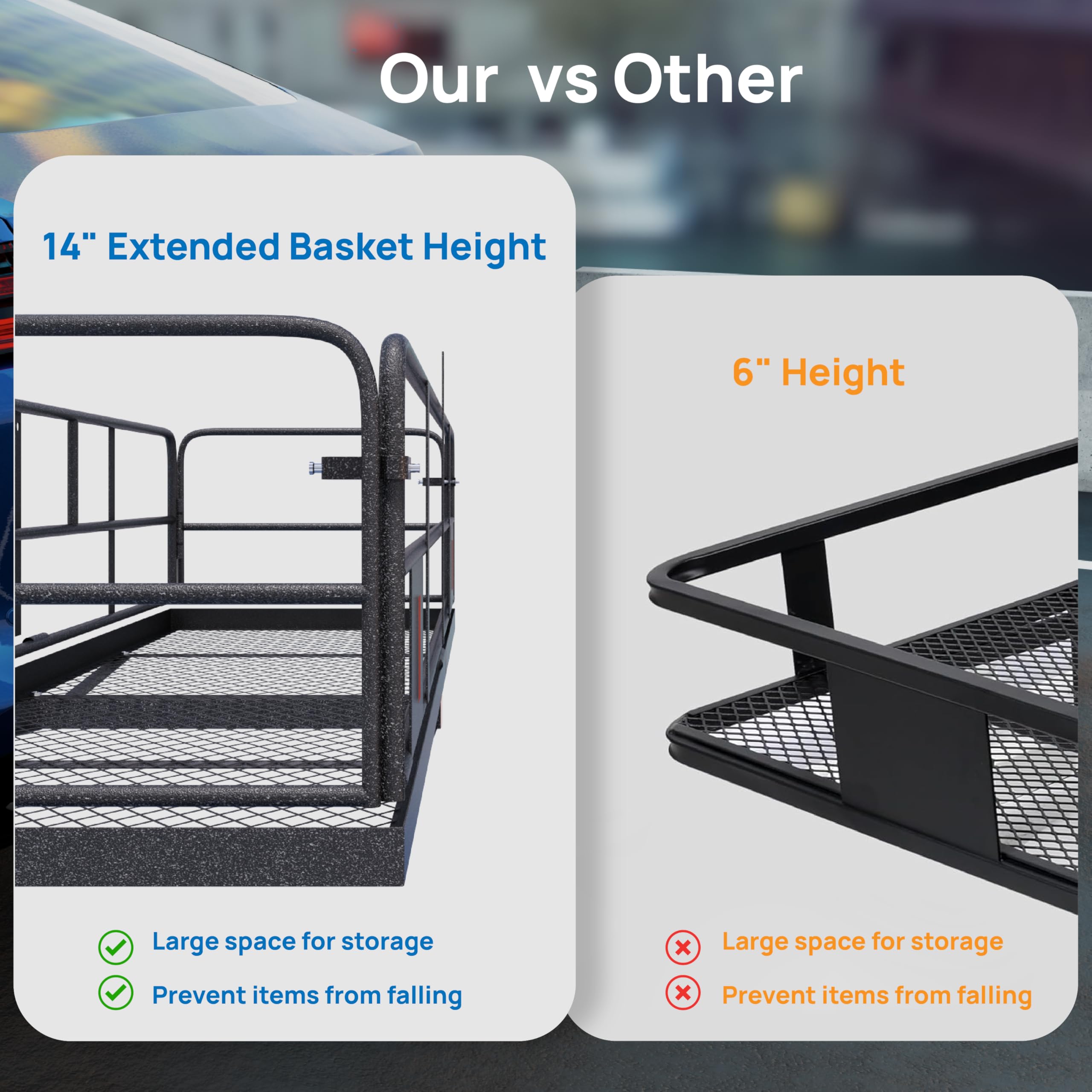 Tuffiom 60''X24''X14'' Folding Hitch Mount Cargo Carrier Basket, Upgraded 14'' Height 500Lbs Steel Car Cargo Trailer Hitch Lugga