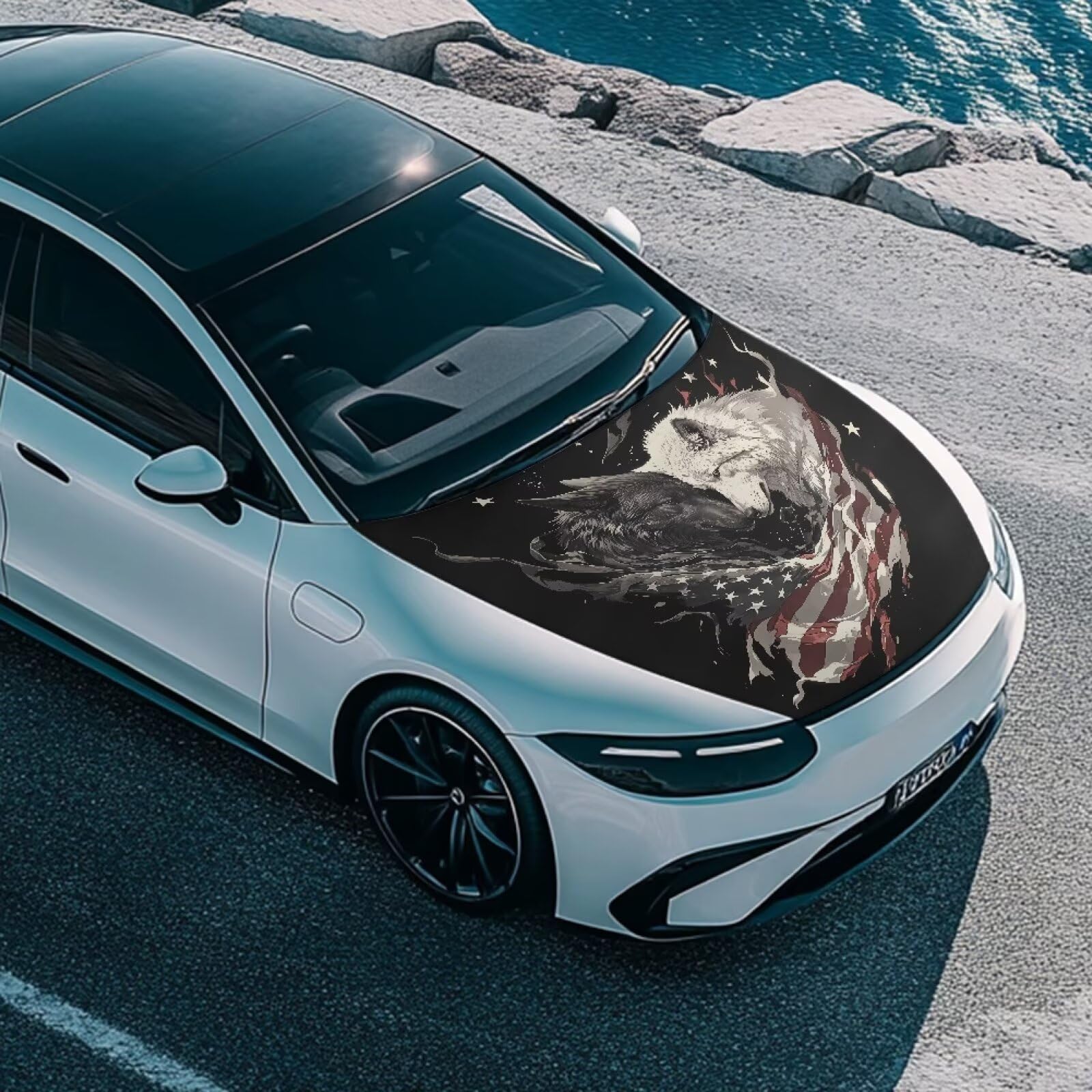 Cool Wolf American Flag Car Hood Cover Protector 59  39 Inch Auto Hood Wrap Blankets Stretchable Waterproof Sun Proof Auto Patri