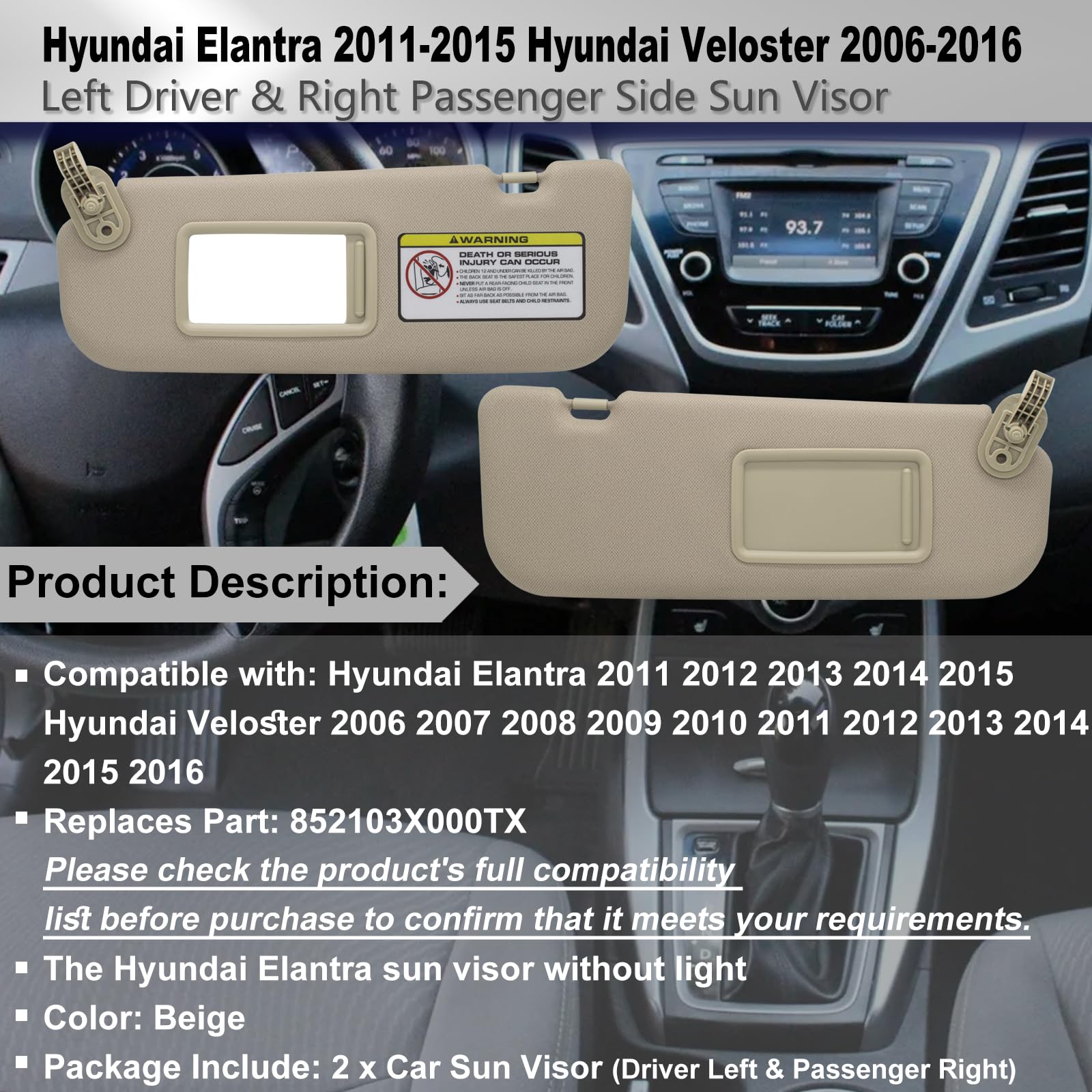 Crazyparts Driver Left & Passenger Right Side Sun Visor Compatible With Hyundai Elantra 2011-2015 Hyundai Veloster 2006-2016 Rep