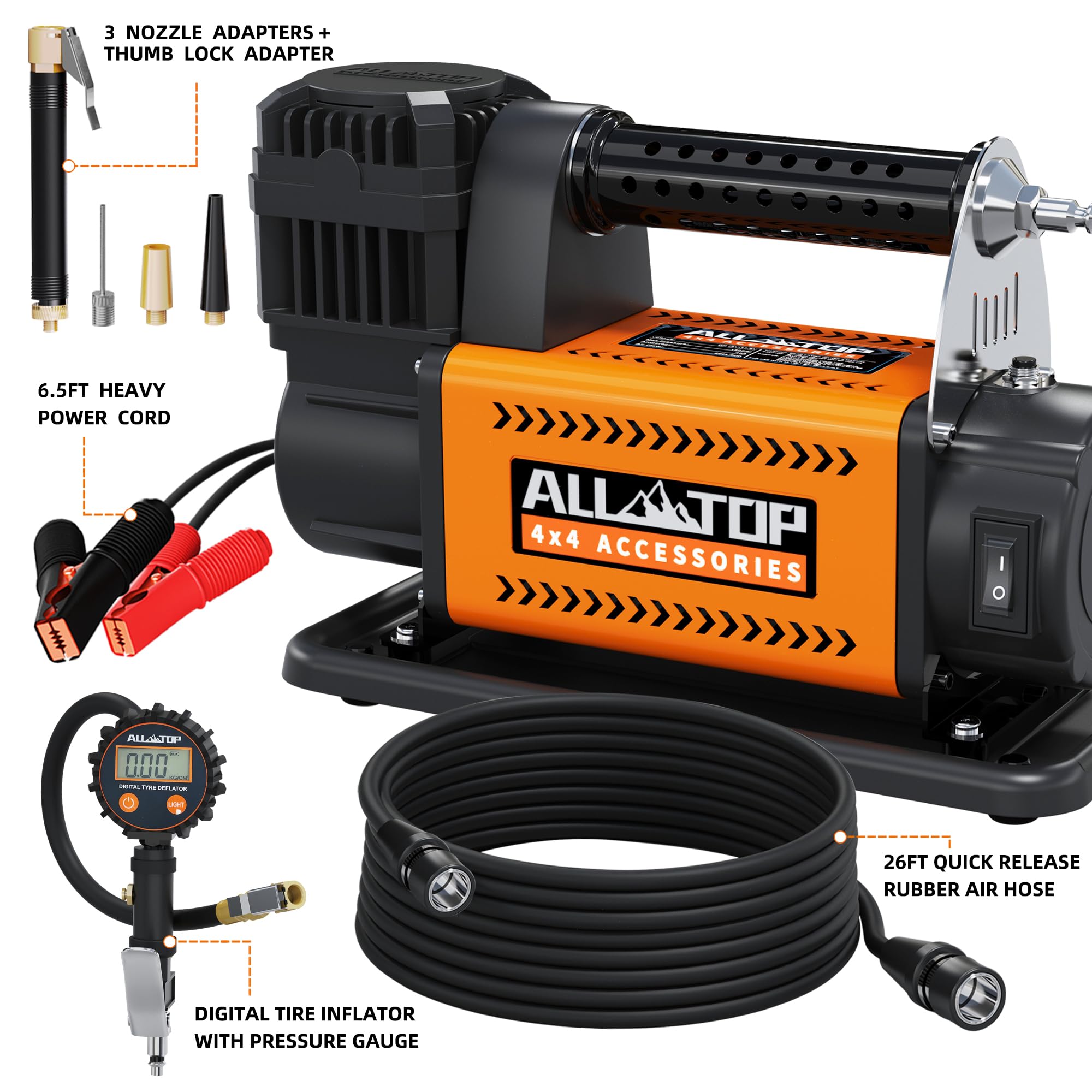All-Top Air Compressor With Digital Pressure Gauge Tire Inflator Kit, 12V Portable Inflator 7.06Ft³/Min, Offroad Air Pump For Truck Tires, Heavy Duty Max 150 Psi For 4X4 Vehicle & Rv