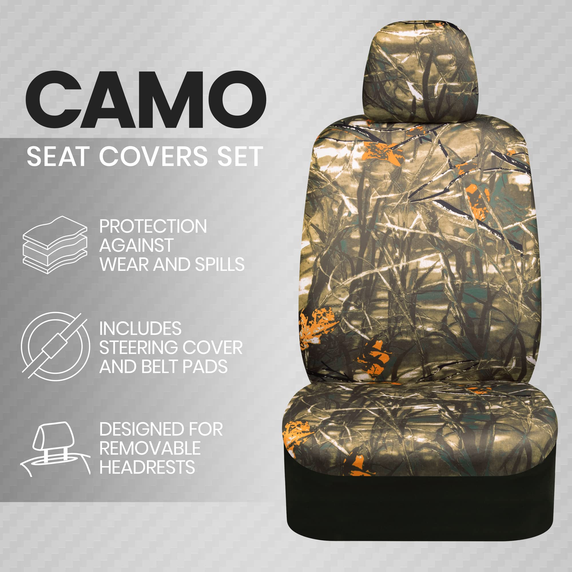 Bdk Hunter Camo Car Seat Covers Full Set With Camo Steering Wheel Cover And Seat Belt Cover Pad - Forest Camouflage Pattern, Aut