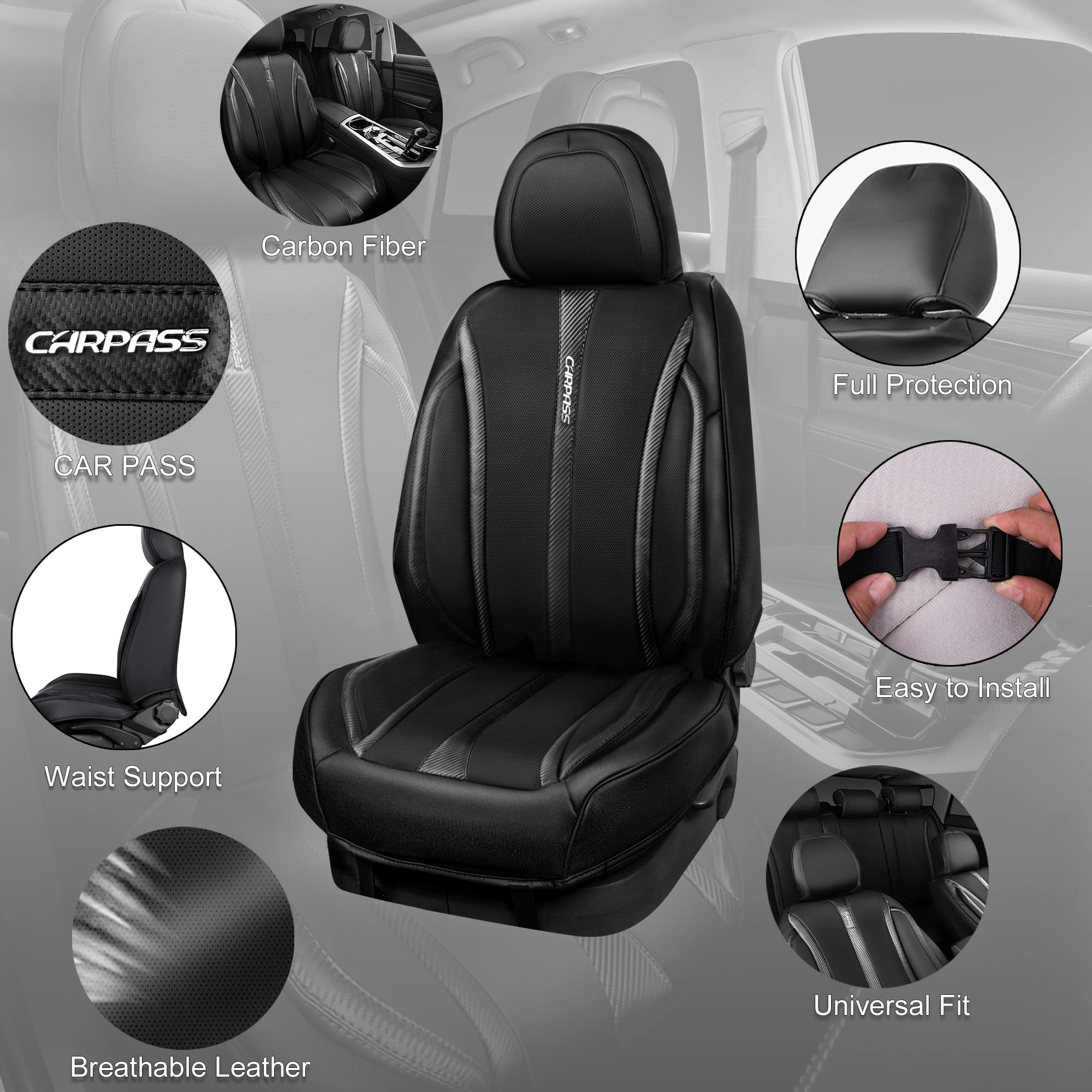 CAR PASS Carbon Fiber Nappa Leather Car Seat Covers Front Only Cushioned Leatherette 2 Piece Padded Waterproof Universal Fit for