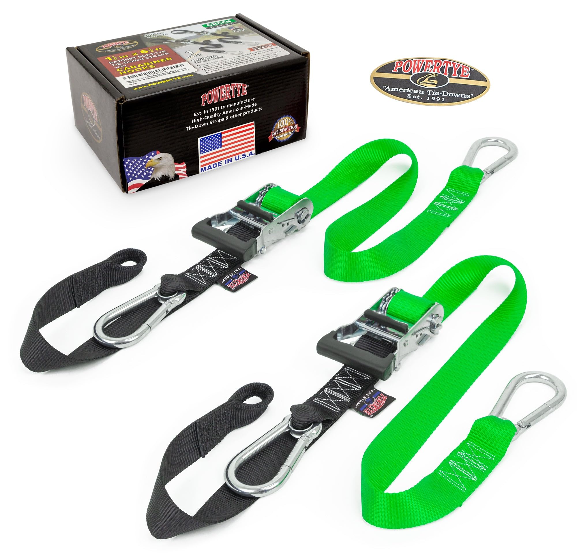 Powertye 1.5In X 6.5Ft Heavy Duty Ratchet Tie-Down Straps With Soft-Tye And Carabiner Hooks - 1,000 Lb Working Load Limit / 3,00