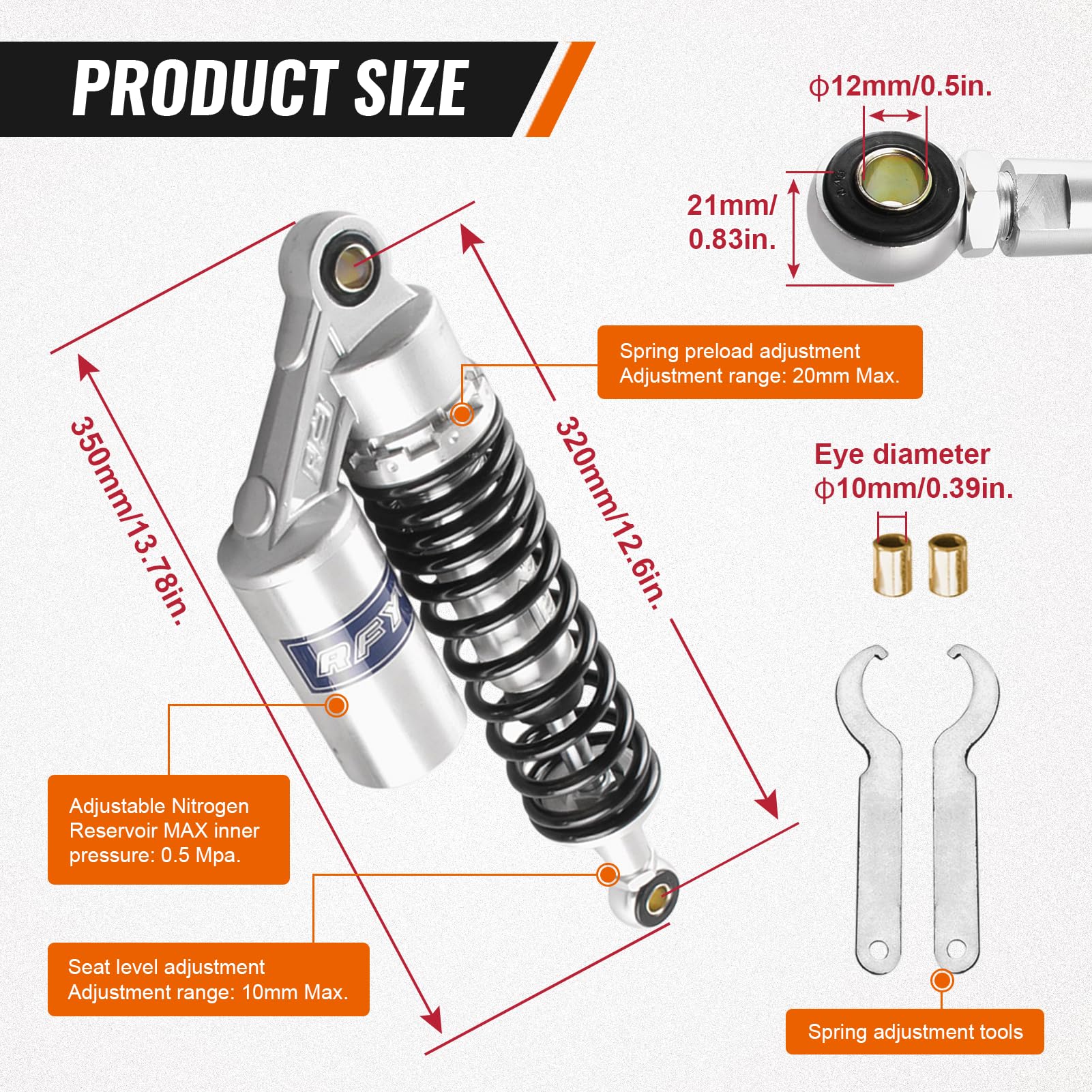 Gzyf 320Mm Universal Shock Absorbers Rear Suspension For Honda For Suzuki For Kawasaki For Yamaha Go Kart Atv Dirt Bikes,Silver