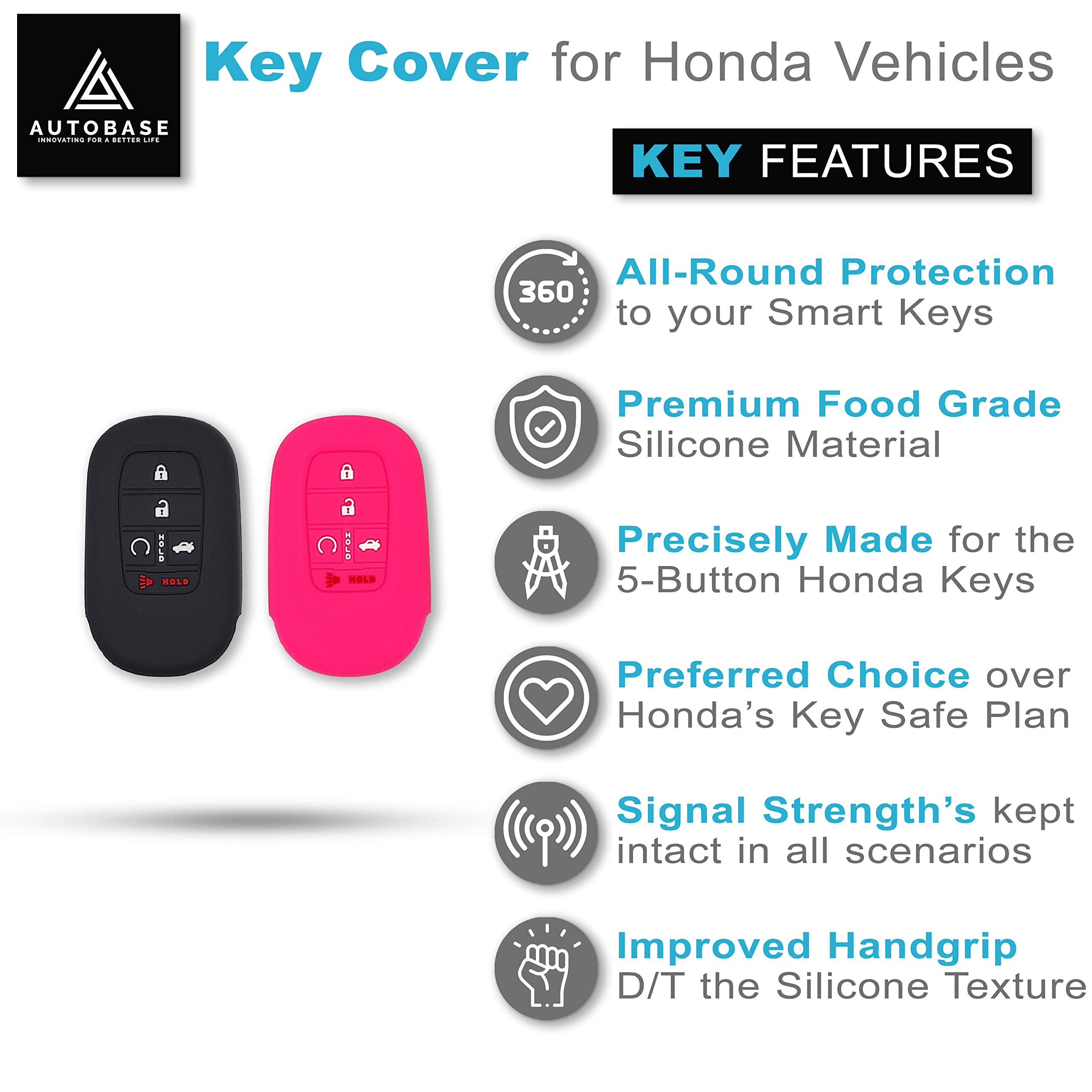 Autobase Silicone Key Fob Cover For 2022 2023 2024 2025 2026 Honda Civic Accord Hr-V Cr-V Pilot Sport Si Ex Ex-L Touring | Car A