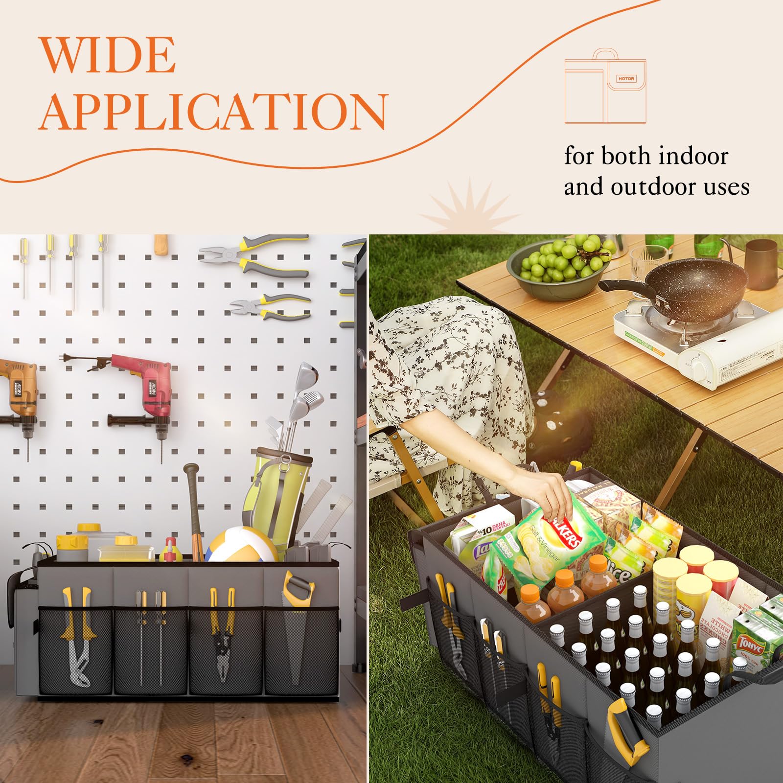 Hotor Foldable Trunk Organizer - 2-Compartment 21.3 ''  12.6 ''  10.6 '' Grey Suv & Sedan Organizer For Accessories, Tools And S