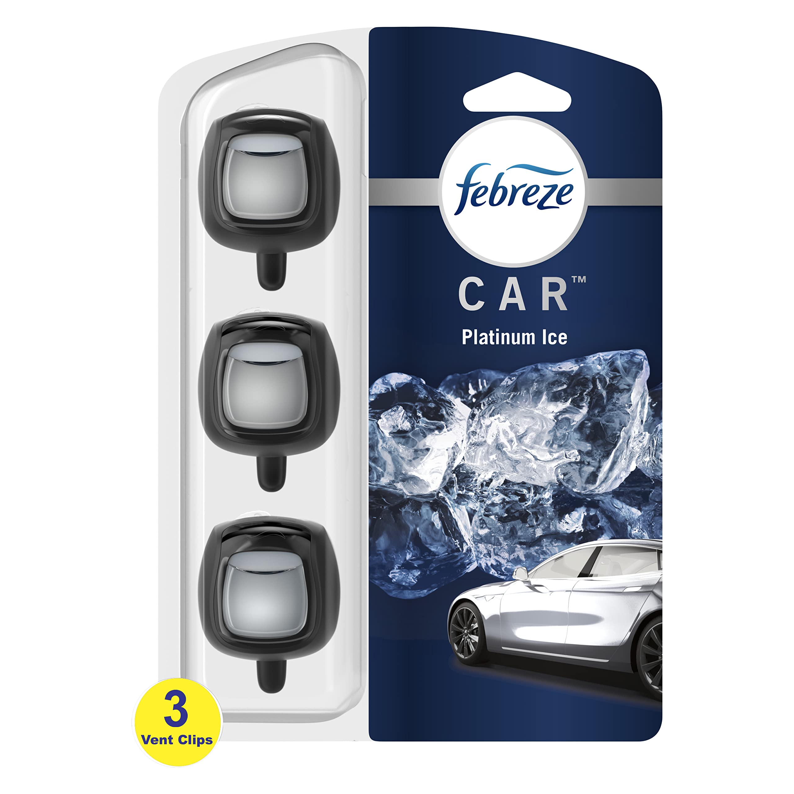 Febreze Car Air Freshener Vent Clip Platinum Ice Scent, .07 Oz. Car Vent Clips, Pack Of 3 And Stay-Fresh Storage Case
