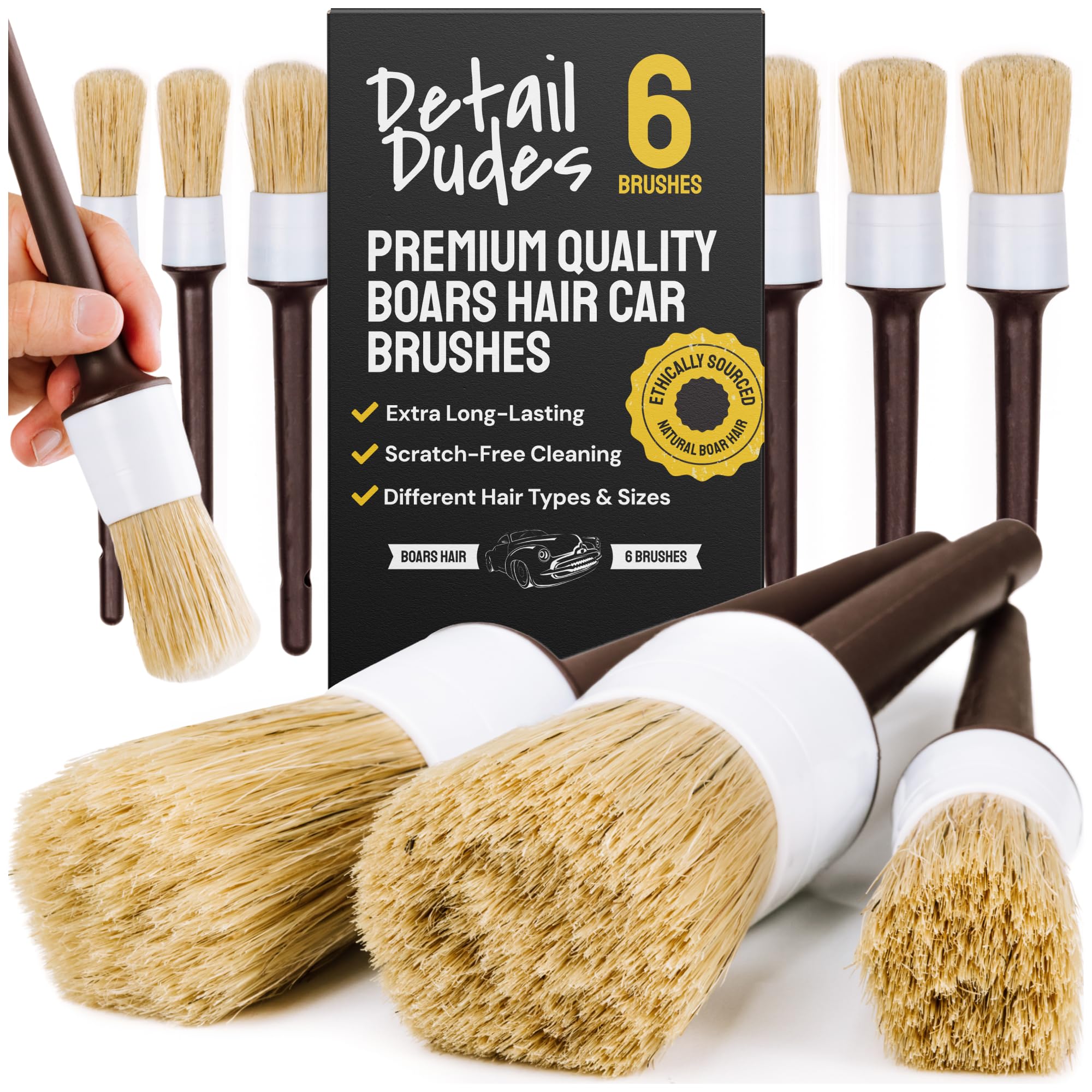 Detail Dudes Soft Boars Hair Car Detailing Brush Set For Washing (6 Pack) - Interior Car Detailing Kit - Automotive Interior Dus