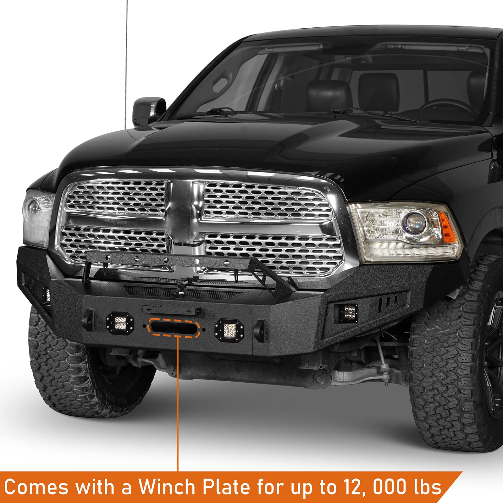 Hooke Road Ram 1500 Front And Rear Bumpers Set, Offroad Bumpers W/Winch Plate & Led Lights For 2013-2018 Dodge Ram 1500 Truck (Exclude Rebel)