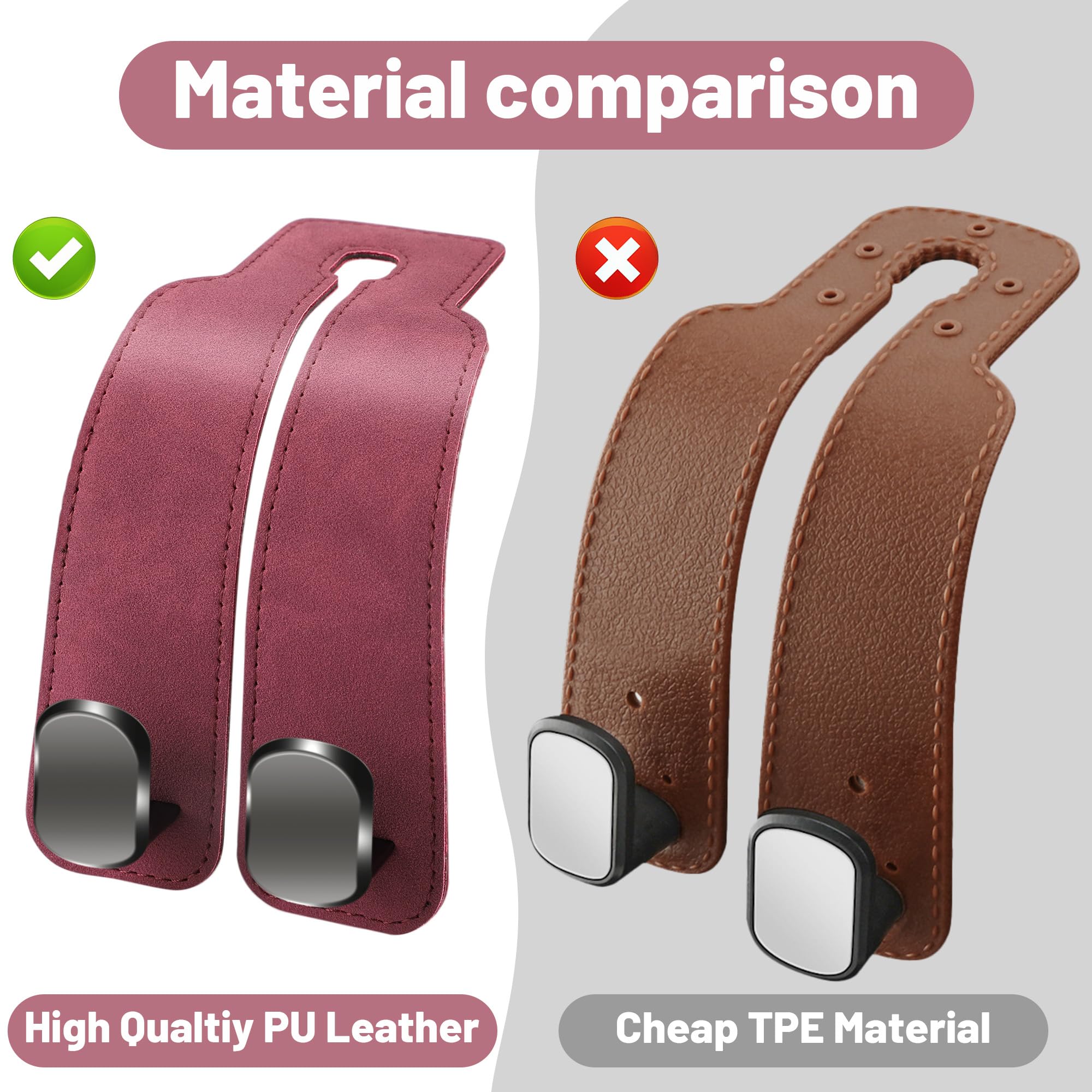 Amelity Headrest Hooks For Car, Car Seat Back Double Hook, Car Headrest Hooks For Purses And Bags, Car Seat Hooks (Red-2 Pack)