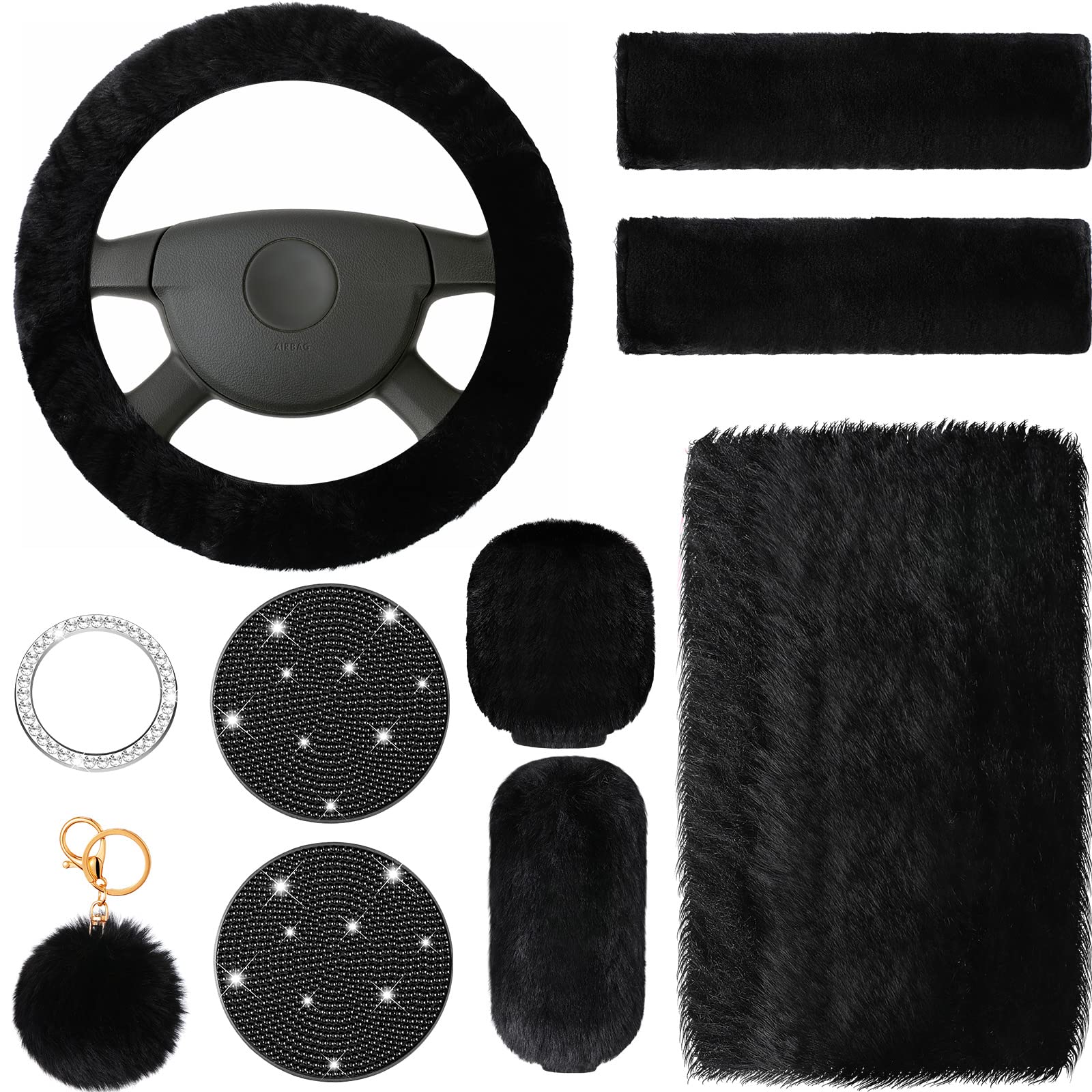 Frienda 10 Pcs Fluffy Car Steering Wheel Covers Handbrake And Gear Shift Cover Seat Belt Shoulder Pads Diamond Mat Ignition Ring