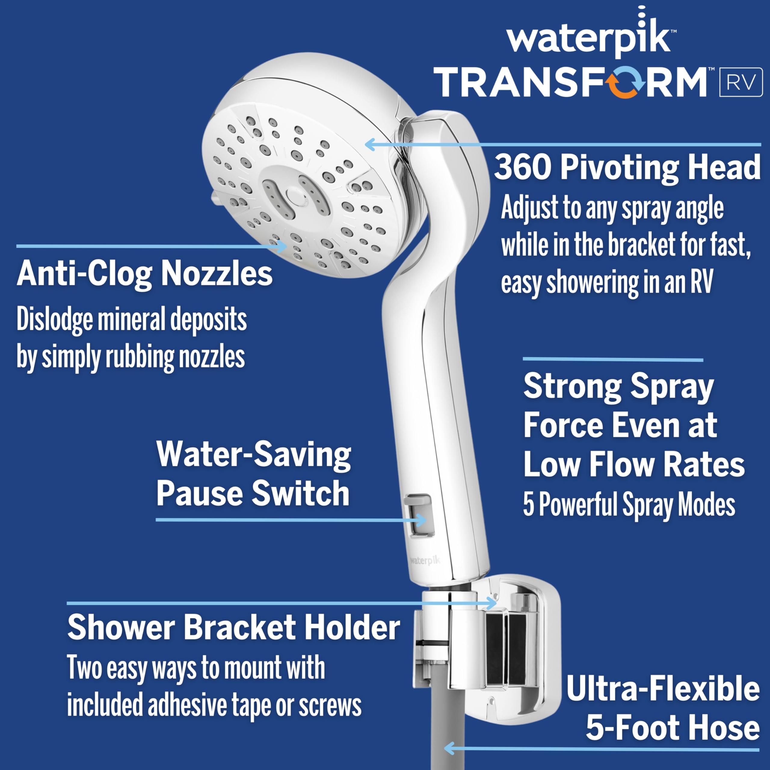 Waterpik Transform Pivoting RV Shower Head with Ultra-Flexible Hose and Pause Switch, Great for Campers, Trailers, Boats, 5-Mode
