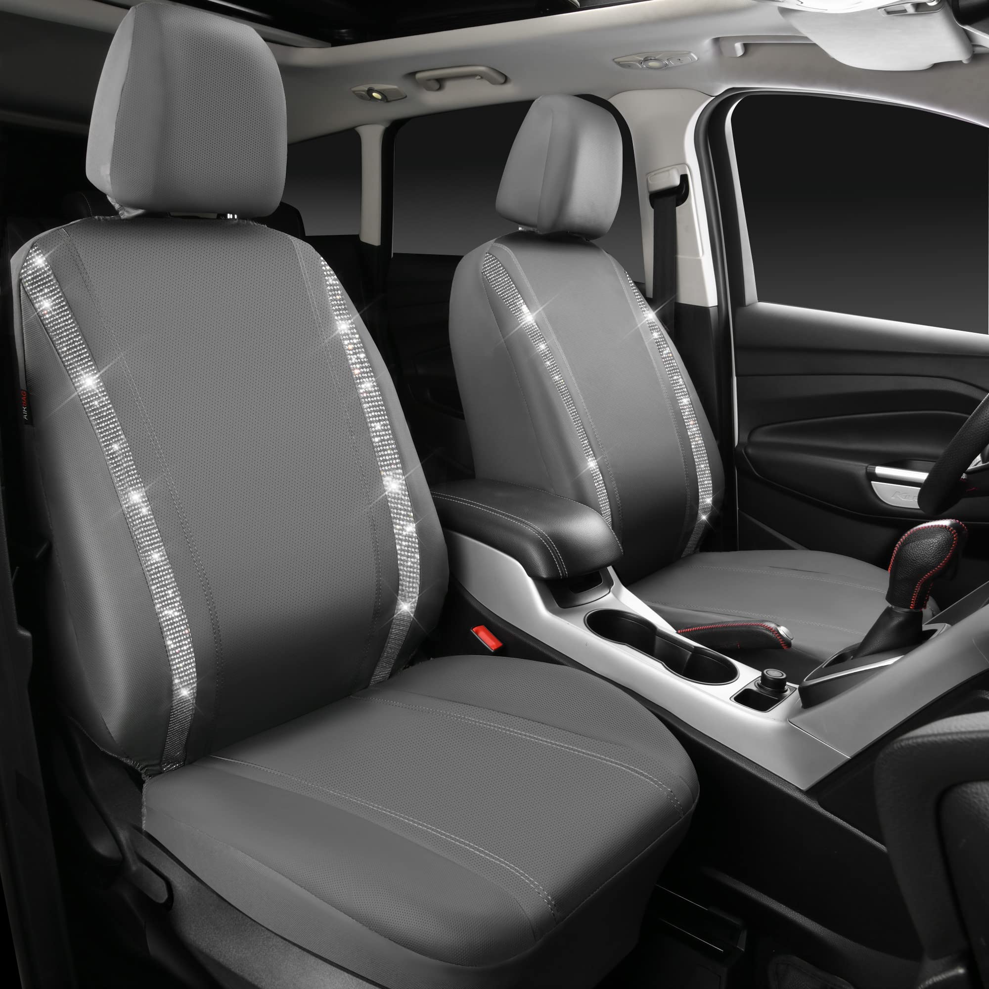 Car Pass Gray Leather Diamond Bling Car Seat Covers 2 Front Interior Sets, Waterproof Universal Shining Glitter Crystal Sparkle