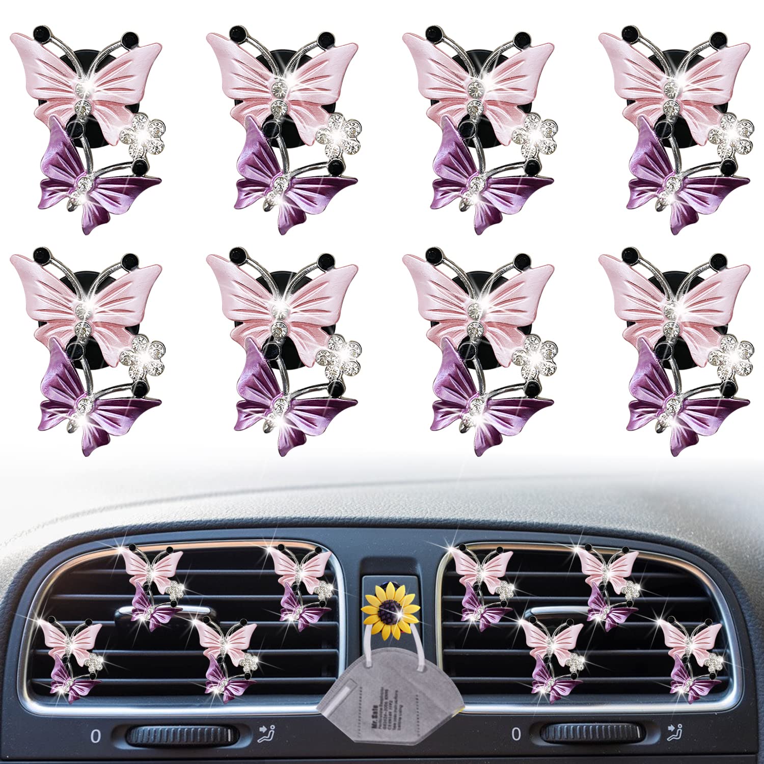 Air Fresheners Vent Clips for Women, 8 Pcs Cute Dual Butterfly Diamond Rhinestone Interior Decor Charm Accessories + Sunflower M